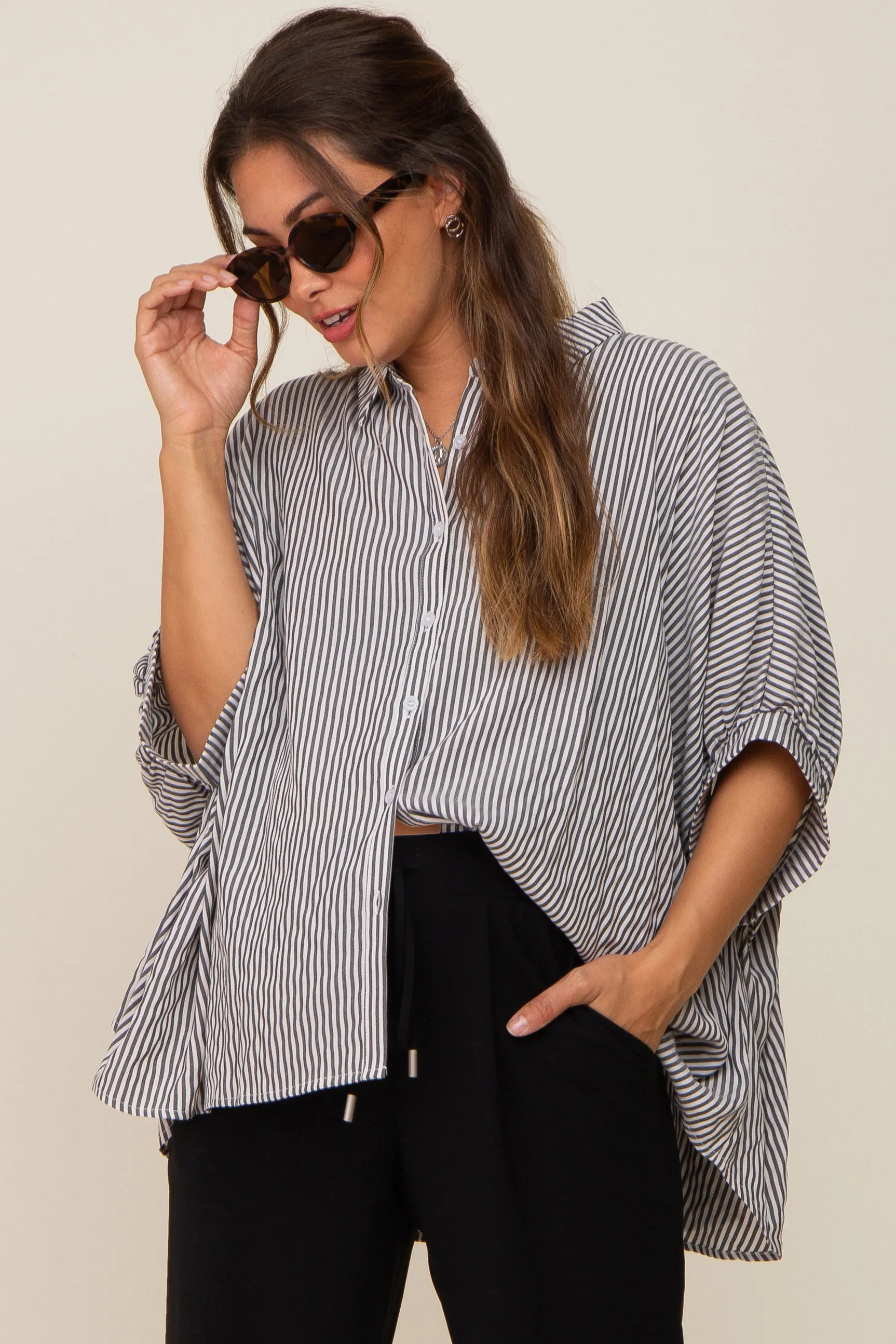 Black Striped Dolman Button Down Maternity Top sold by Pinkblush product image thumbnail 2
