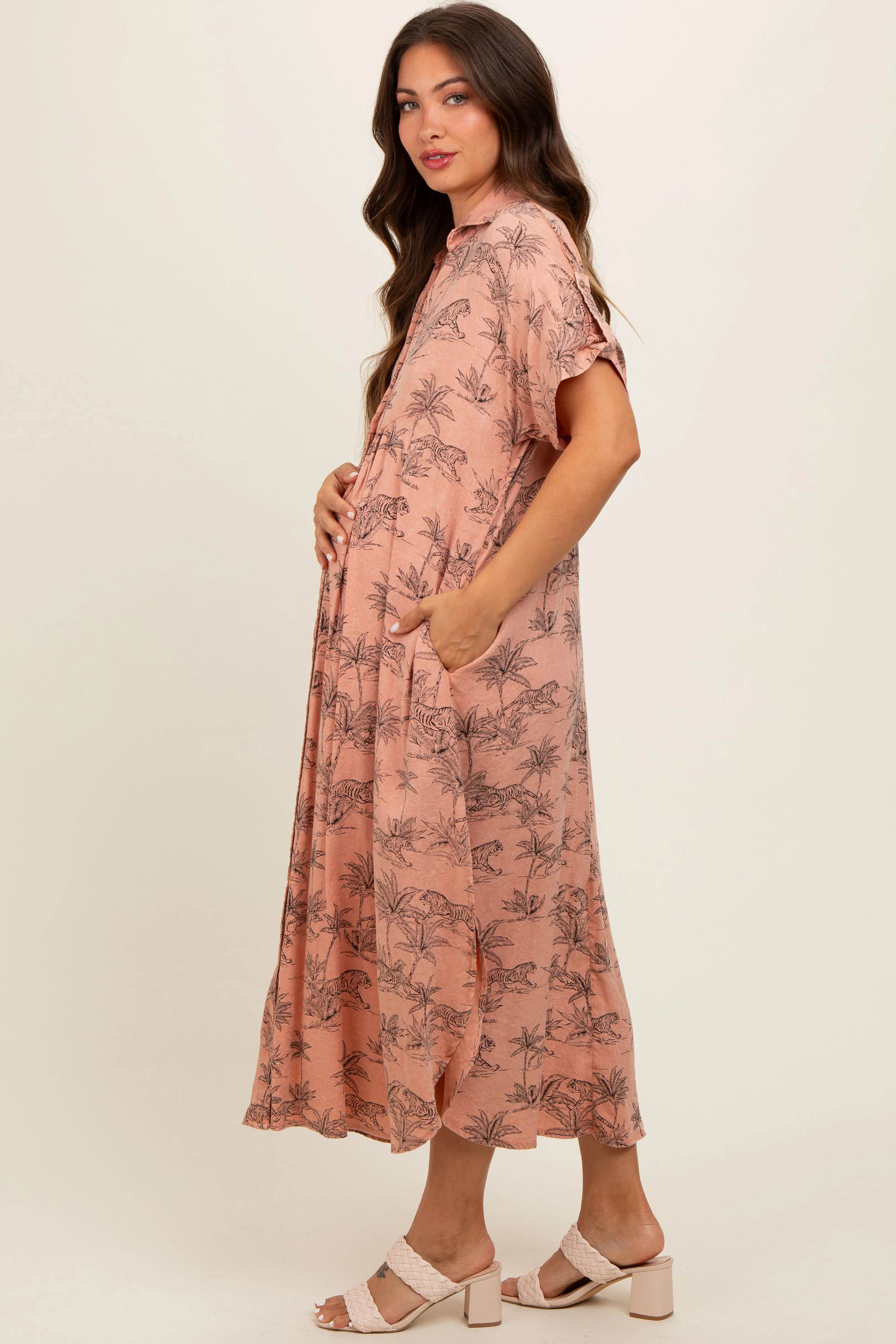 Peach Tiger Print Button Front Rounded Hem Maternity Midi Dress sold by Pinkblush product image thumbnail 3