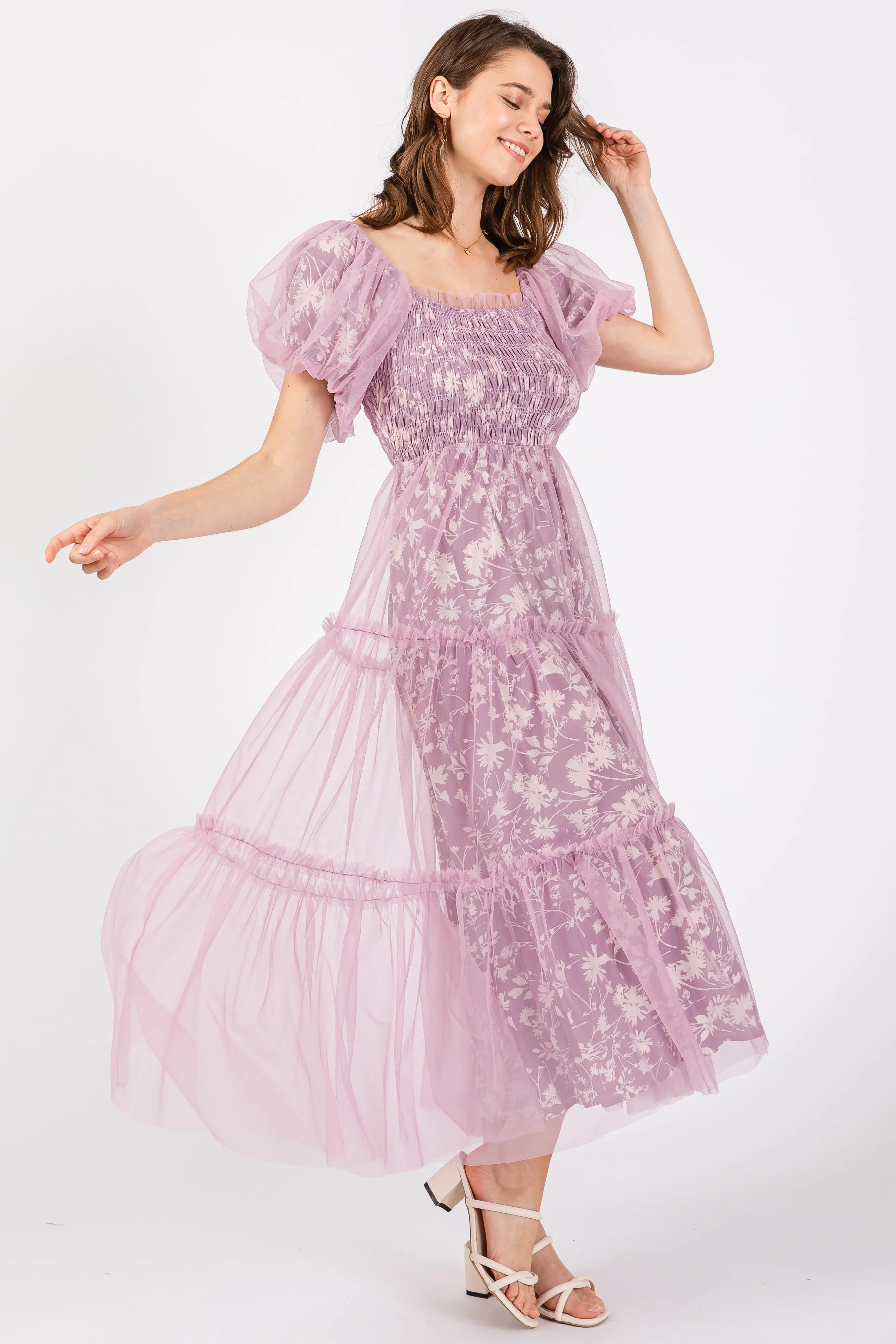 Mauve Floral Lined Smocked Tulle Midi Dress sold by Pinkblush product image thumbnail 2