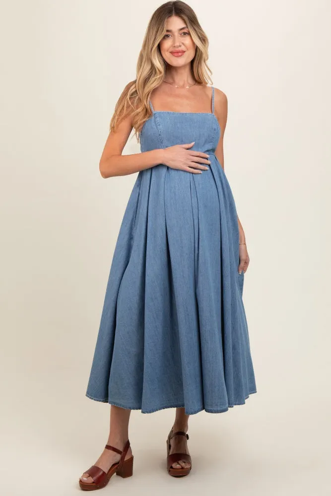 Blue Back Tie Straight Neck Maternity Midi Maternity Dress sold by Pinkblush