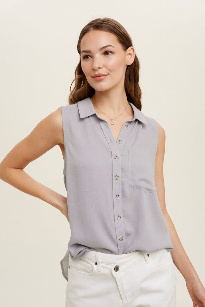 Grey Sleeveless Button-Up Shirt With One Pocket sold by Pinkblush