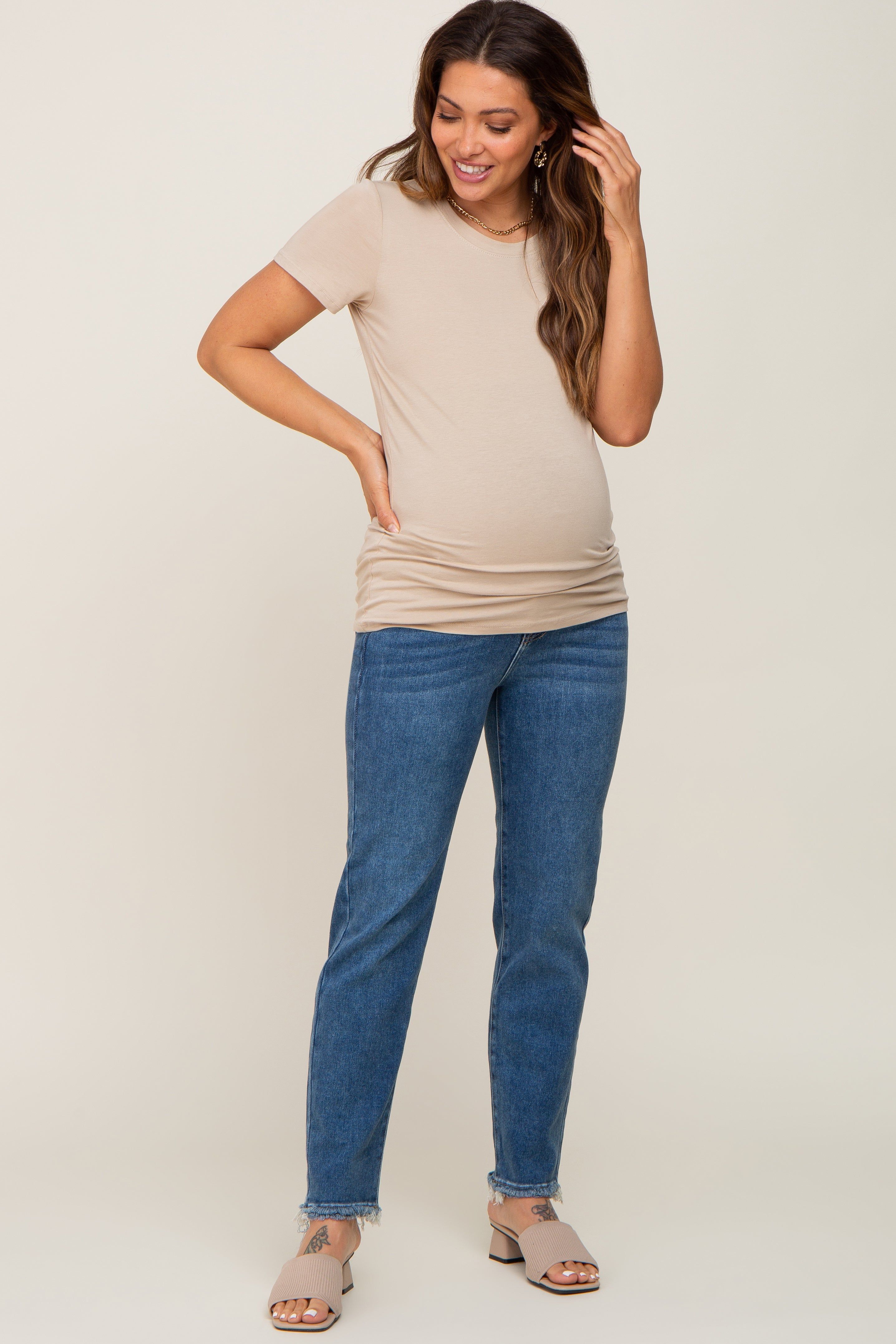 Medium Blue Fringe Hem Straight Leg Maternity Jeans sold by Pinkblush product image thumbnail 5