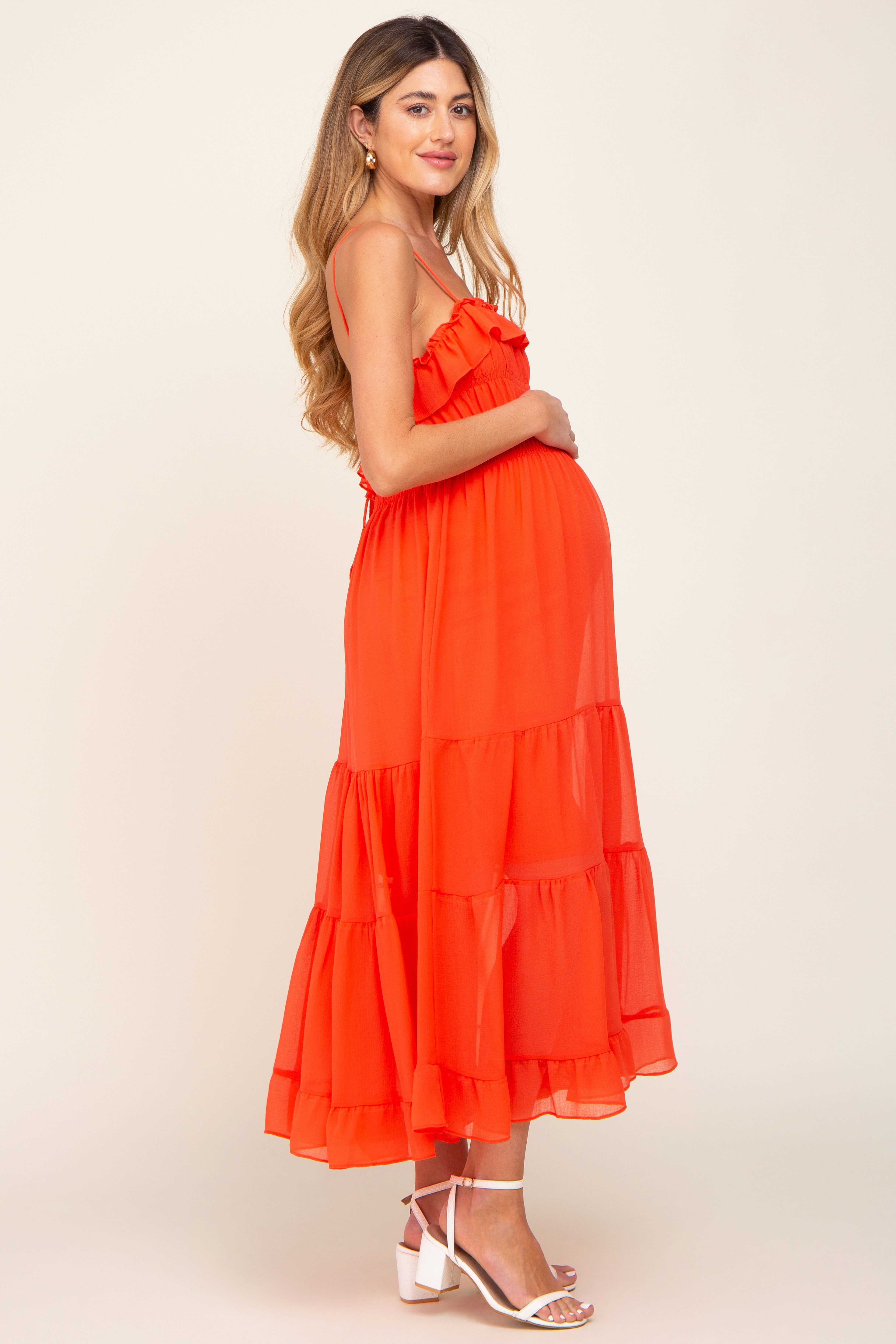 Orange Shirred Ruffle Maternity Midi Dress sold by Pinkblush product image thumbnail 2
