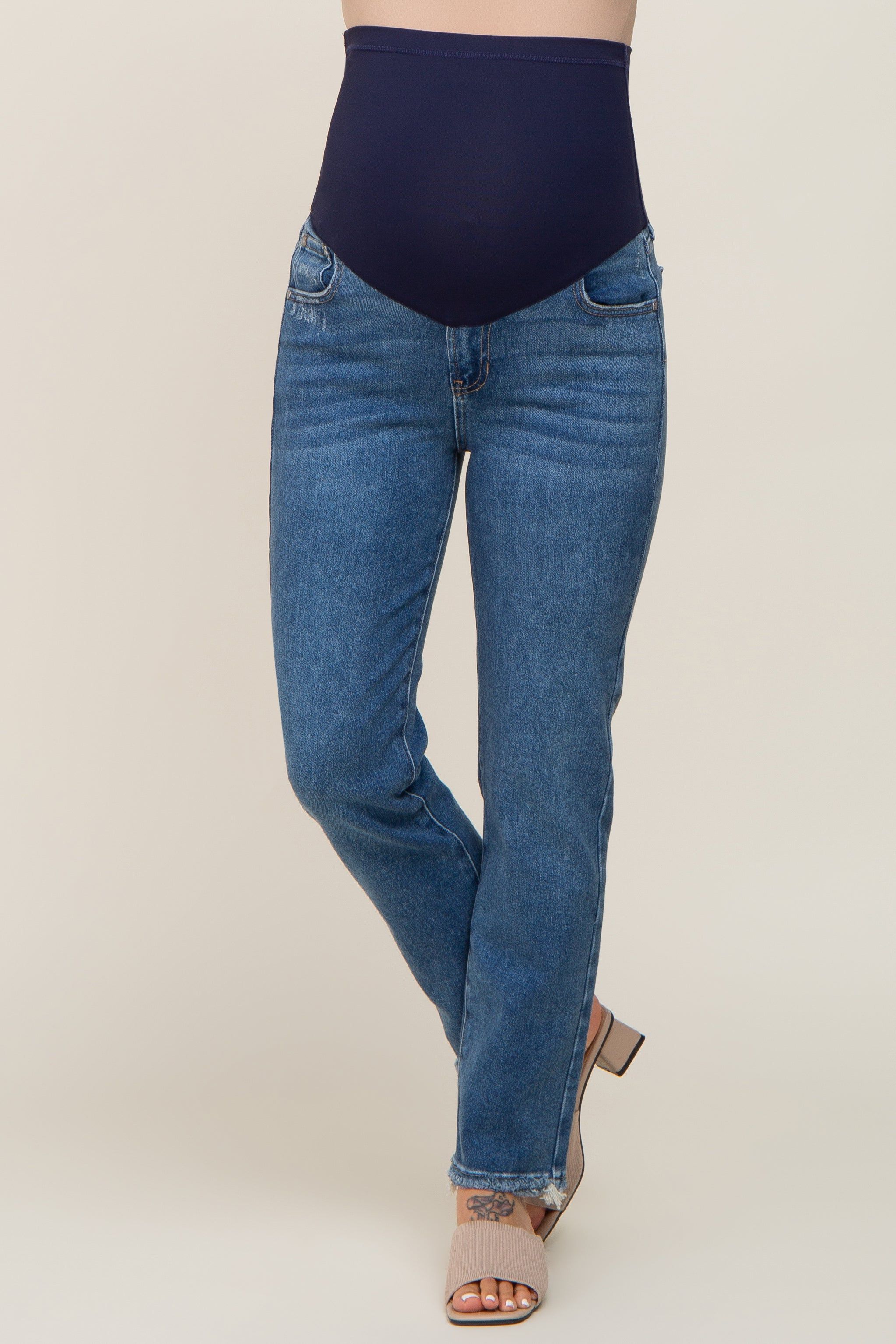 Medium Blue Fringe Hem Straight Leg Maternity Jeans sold by Pinkblush product image thumbnail 2