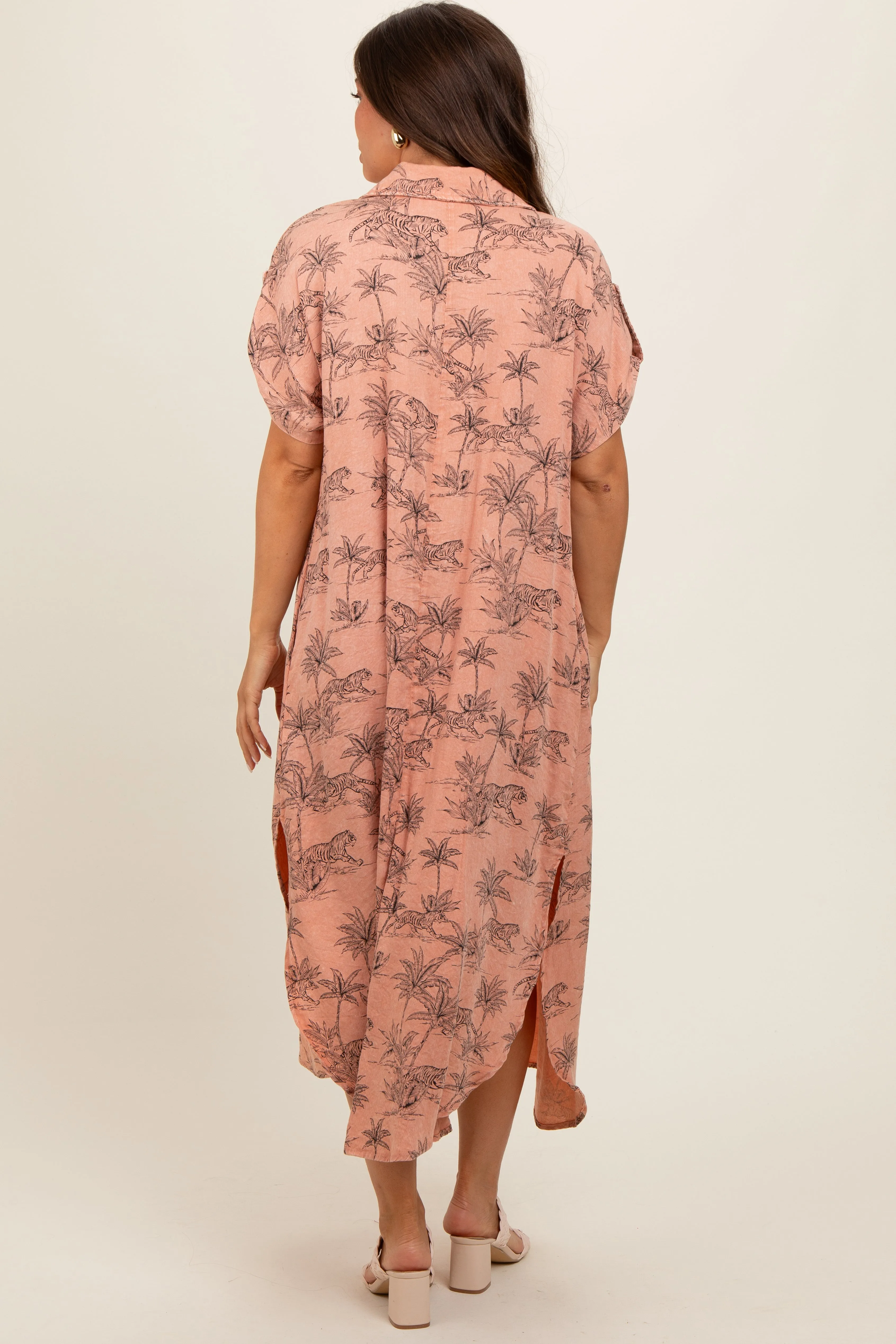 Peach Tiger Print Button Front Rounded Hem Maternity Midi Dress sold by Pinkblush product image thumbnail 4