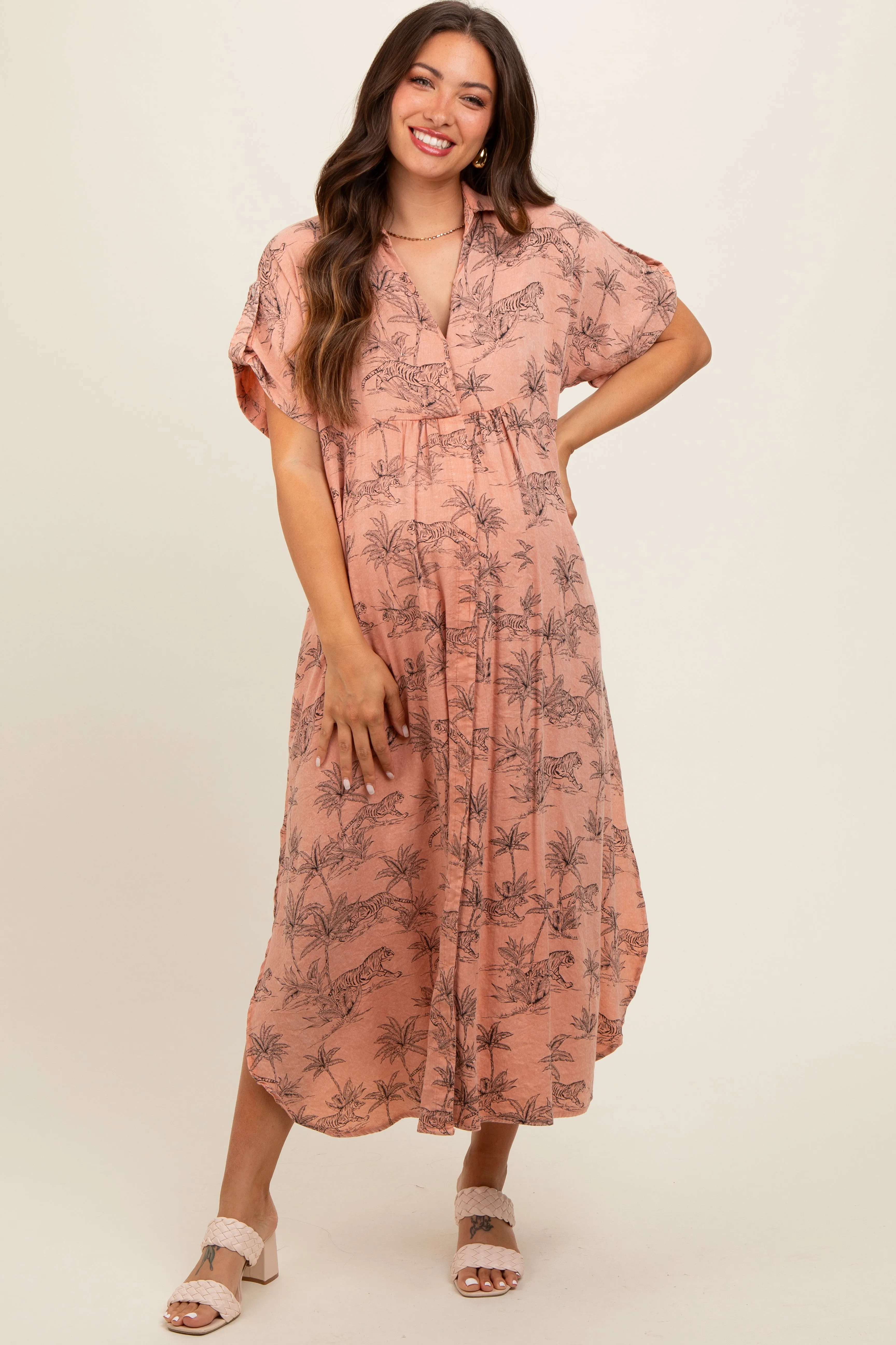 Peach Tiger Print Button Front Rounded Hem Maternity Midi Dress sold by Pinkblush