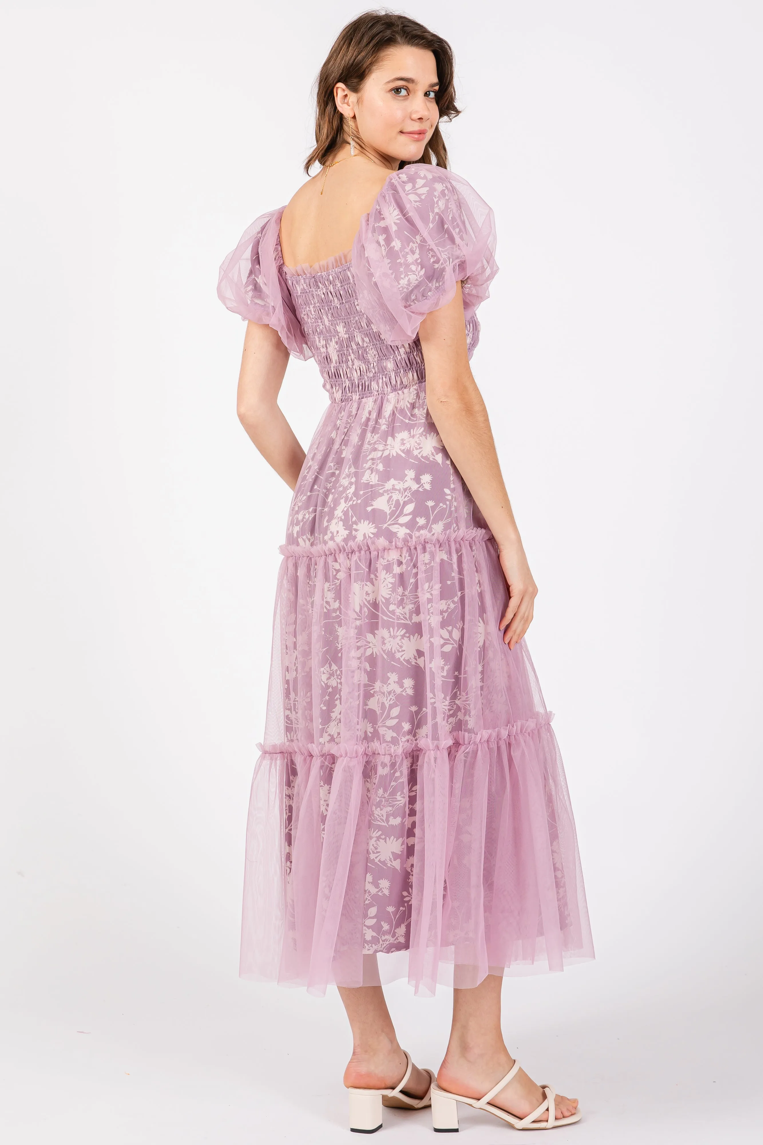 Mauve Floral Lined Smocked Tulle Midi Dress sold by Pinkblush product image thumbnail 3