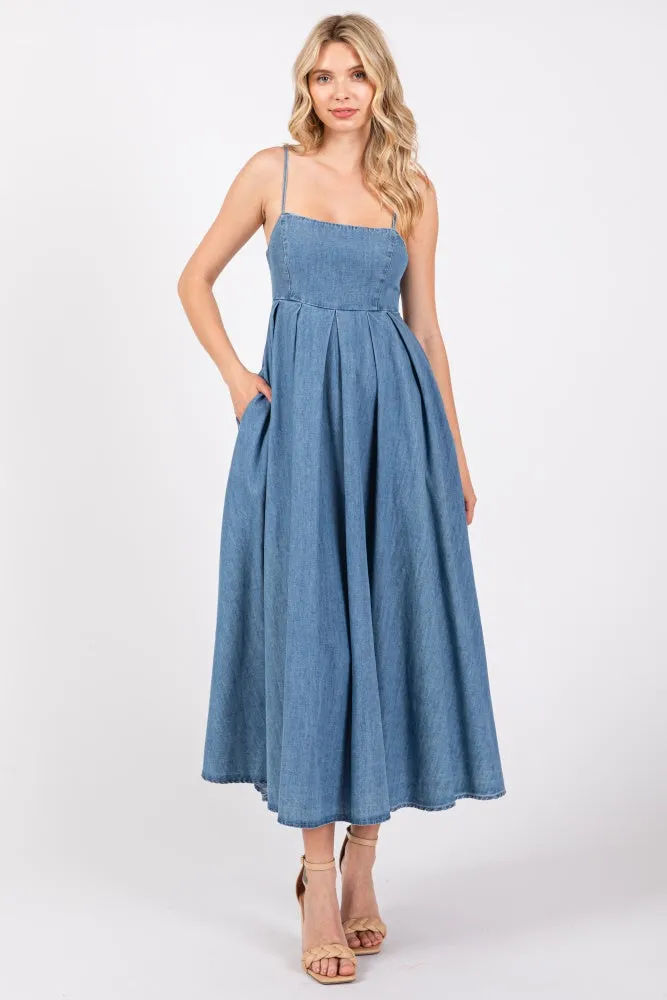 Blue Back Tie Straight Neck Maternity Midi Maternity Dress sold by Pinkblush product image thumbnail 4