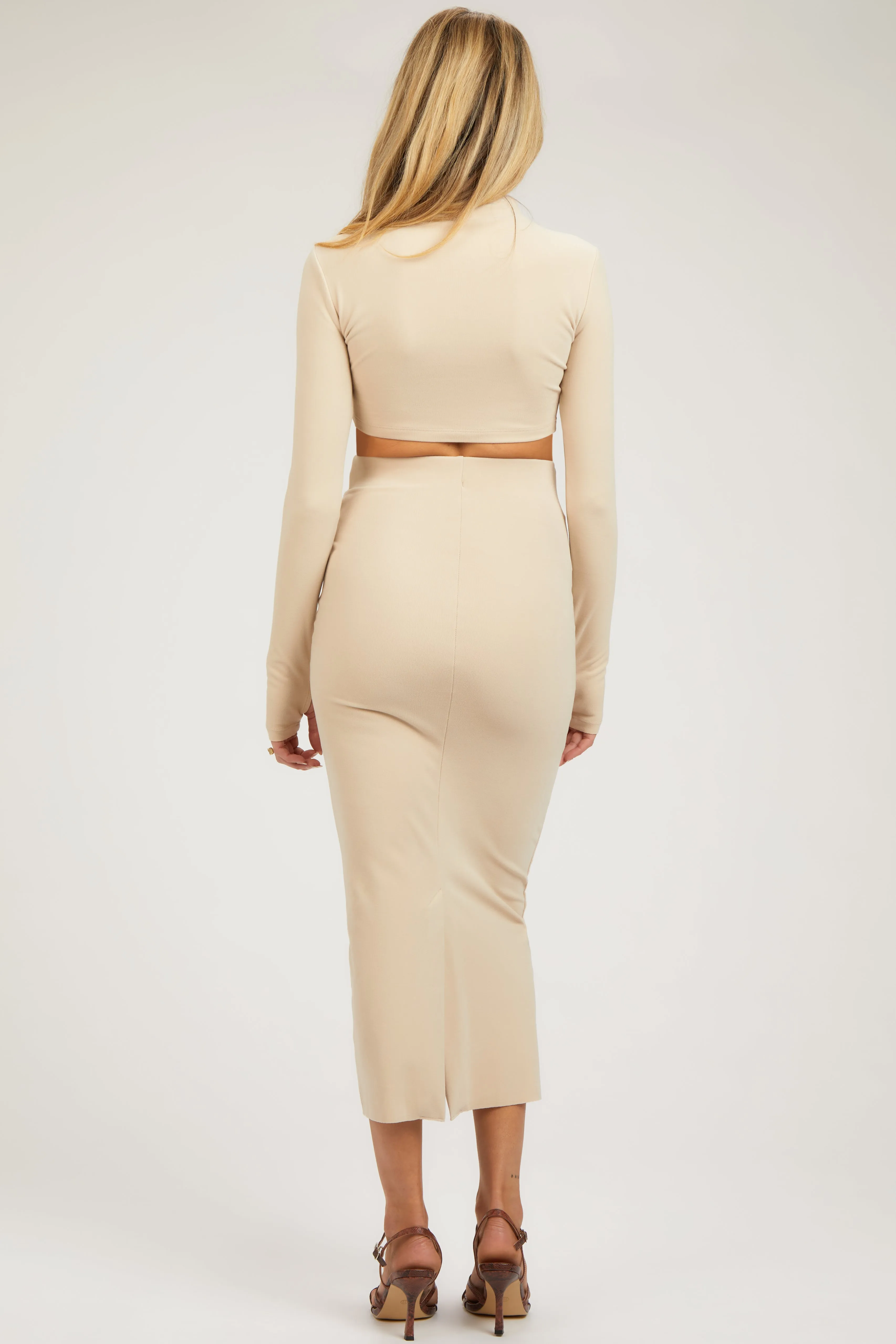 Beige Mock Neck Long Sleeve Crop Maternity Midi Skirt Set sold by Pinkblush product image thumbnail 3