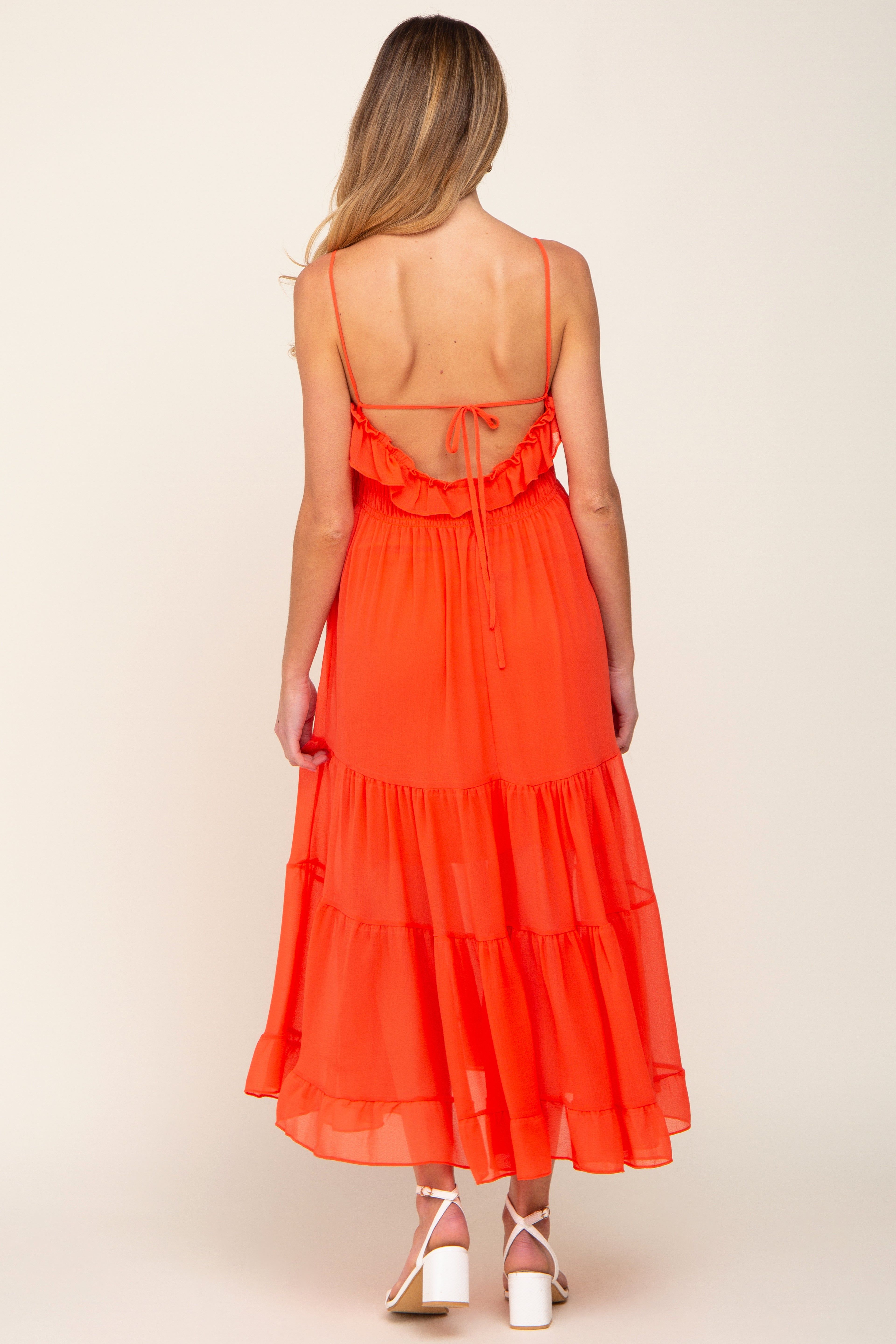 Orange Shirred Ruffle Maternity Midi Dress sold by Pinkblush product image thumbnail 3