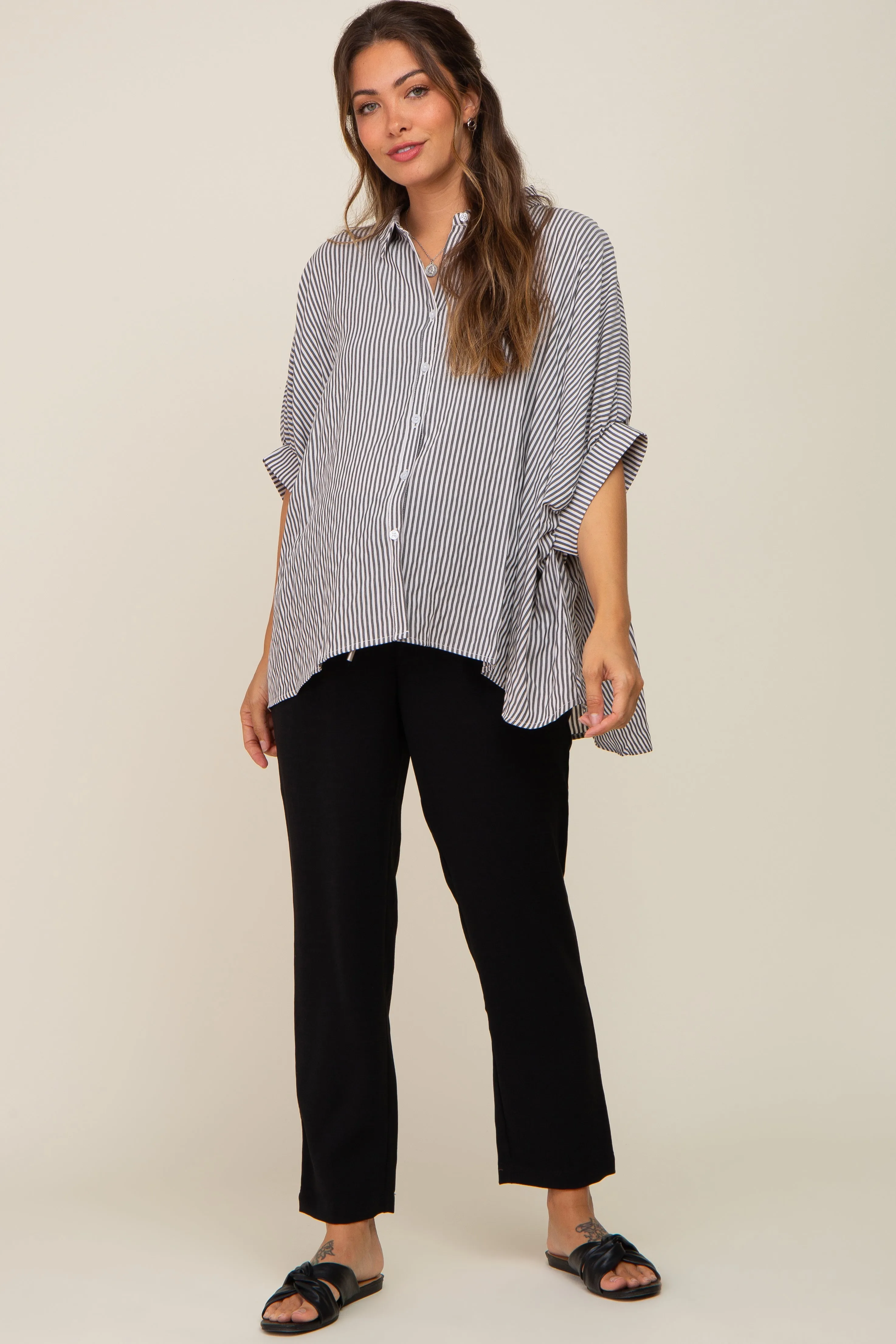 Black Striped Dolman Button Down Maternity Top sold by Pinkblush