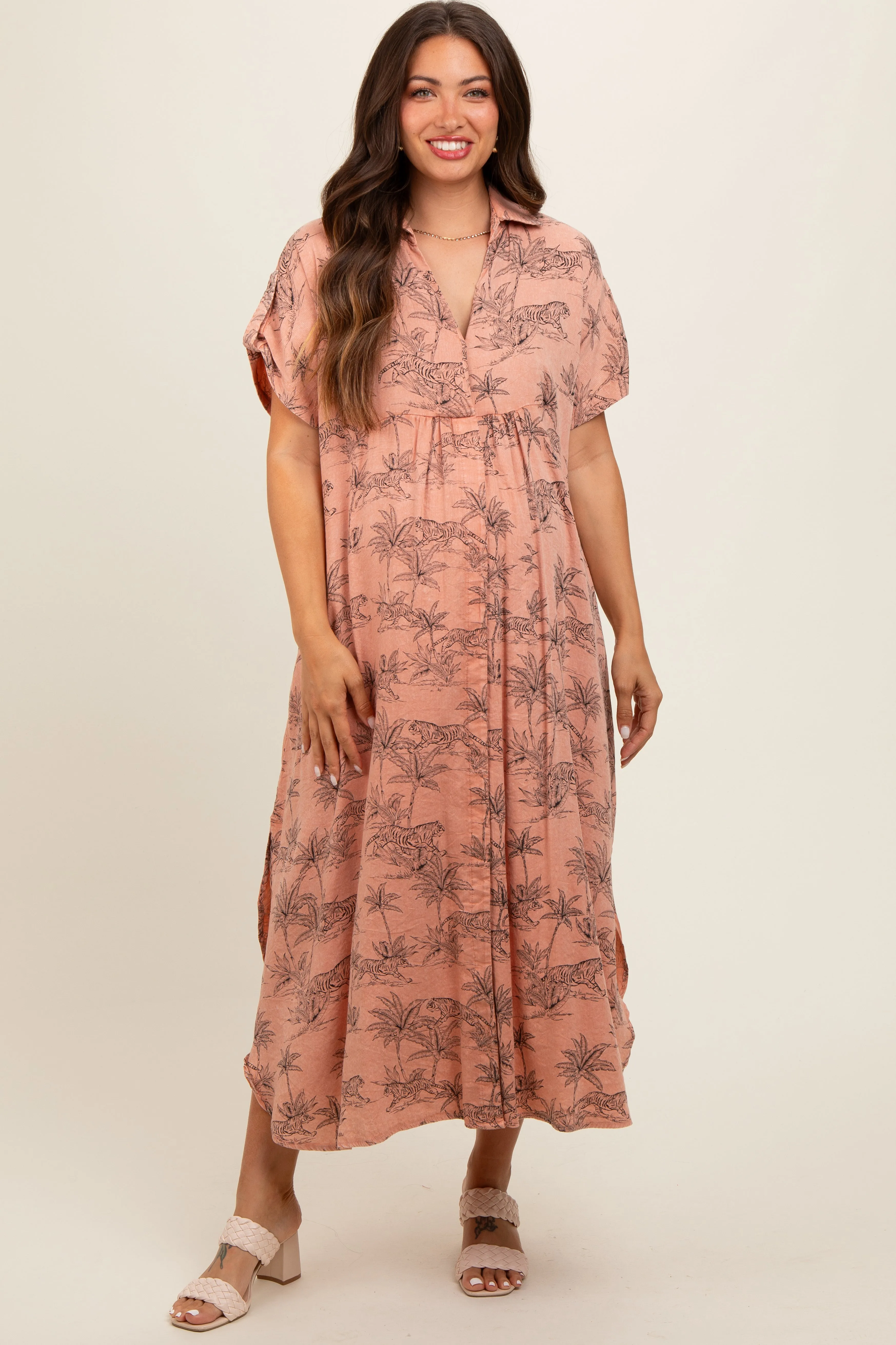 Peach Tiger Print Button Front Rounded Hem Maternity Midi Dress sold by Pinkblush product image thumbnail 2