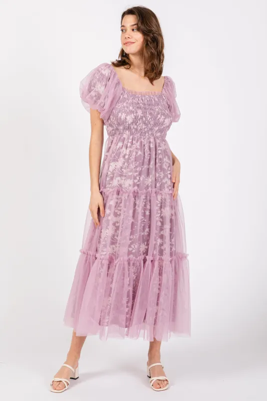 Mauve Floral Lined Smocked Tulle Midi Dress sold by Pinkblush