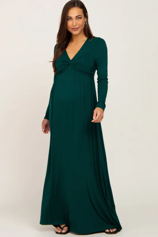 Forest Green Front Twist Long Sleeve Maternity Maxi Dress sold by Pinkblush