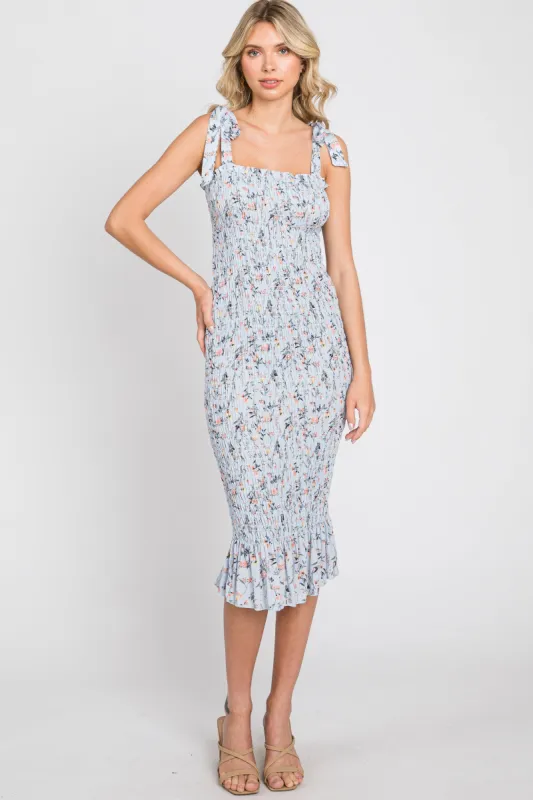 Light Blue Floral Smocked Fitted Dress sold by Pinkblush