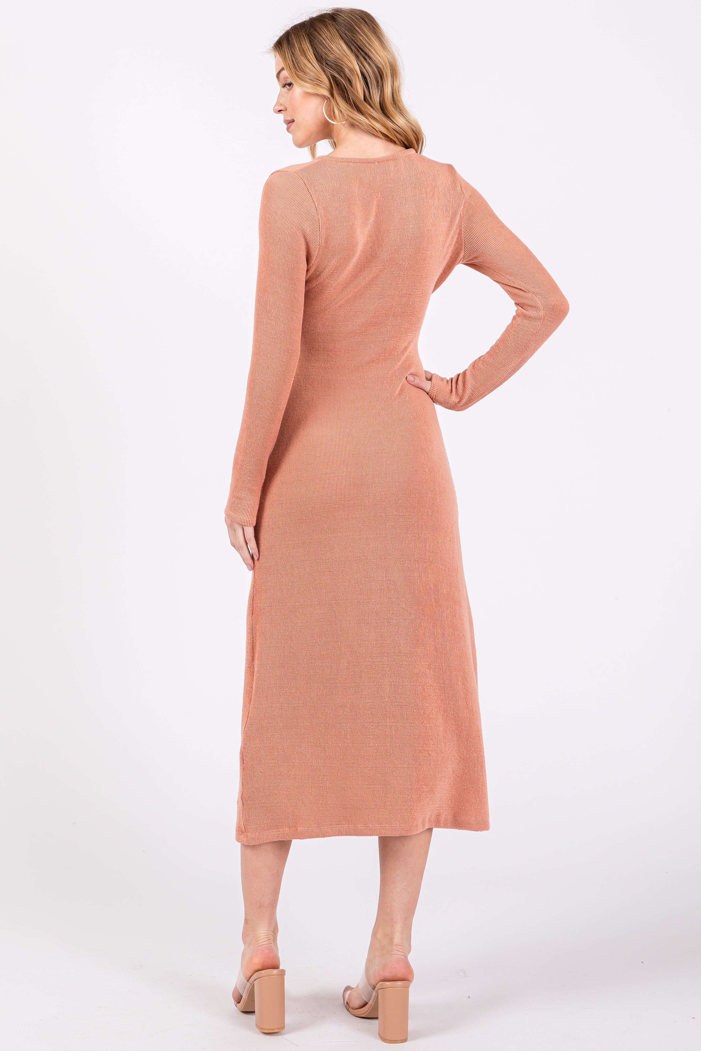 Rust Ribbed Long Sleeve Wrap Nursing Dress sold by Pinkblush product image thumbnail 3