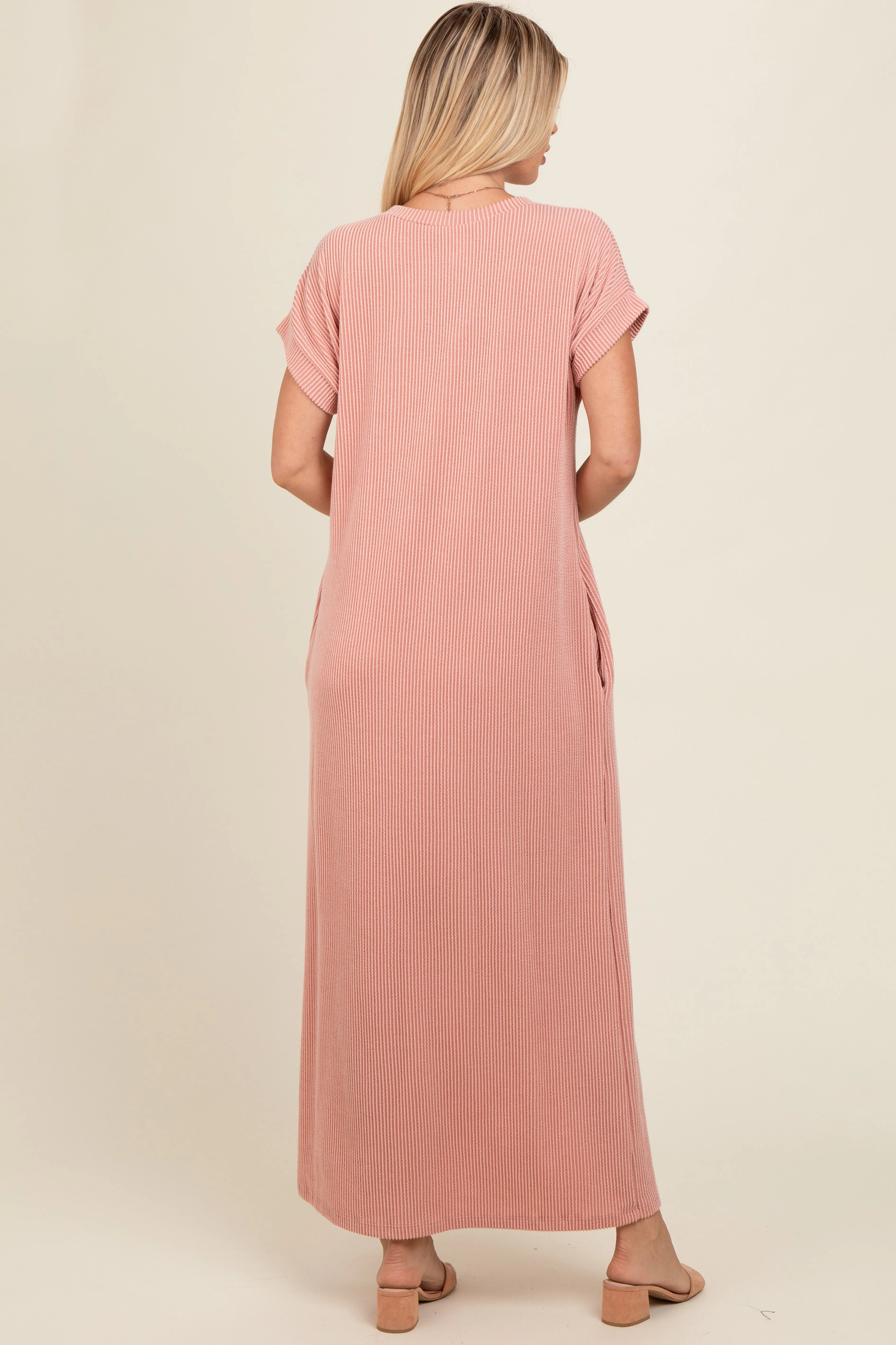 Salmon Ribbed V-Neck Midi Dress sold by Pinkblush product image thumbnail 3