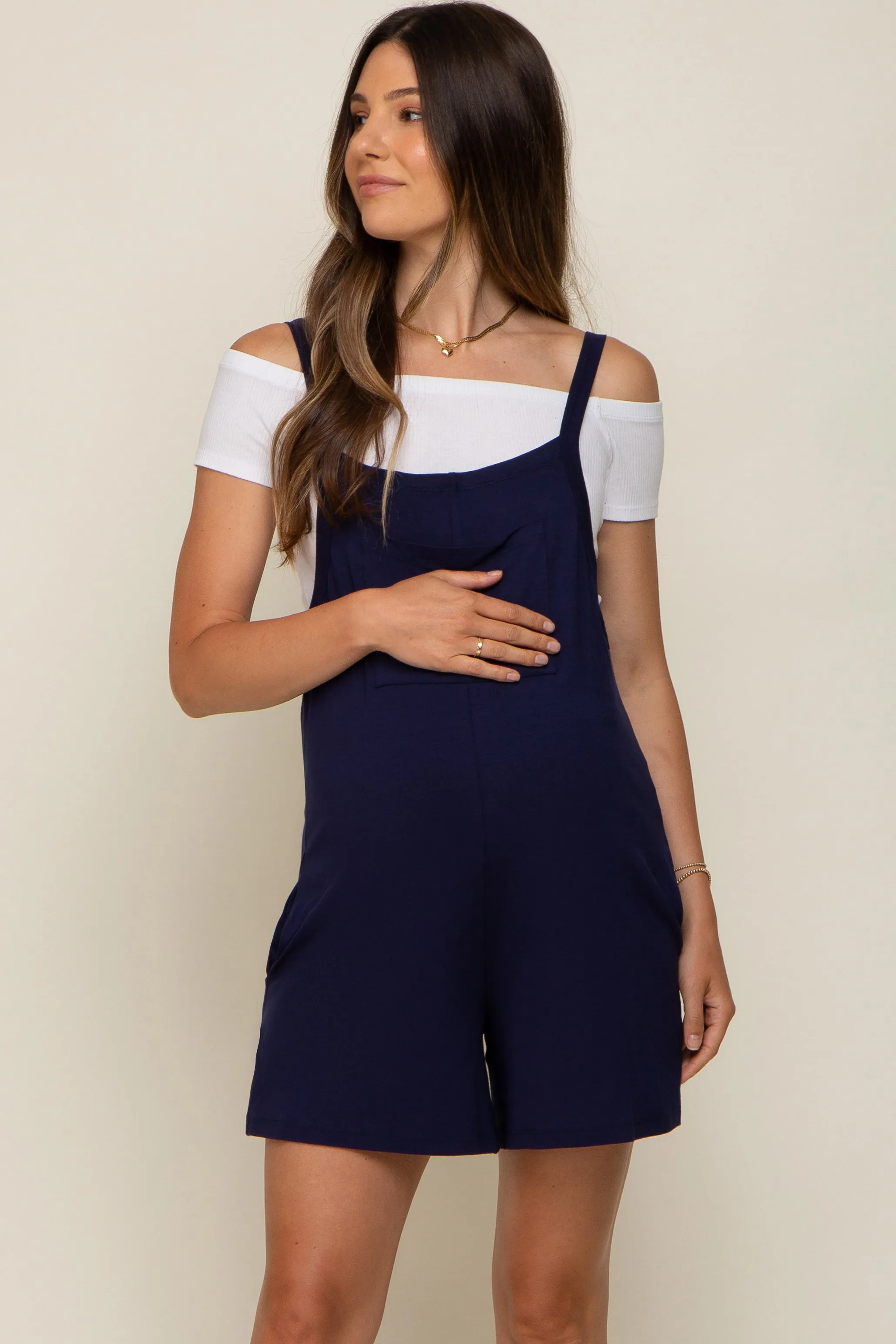 Navy Blue Front Pocket Overall Knit Maternity Romper sold by Pinkblush product image thumbnail 2