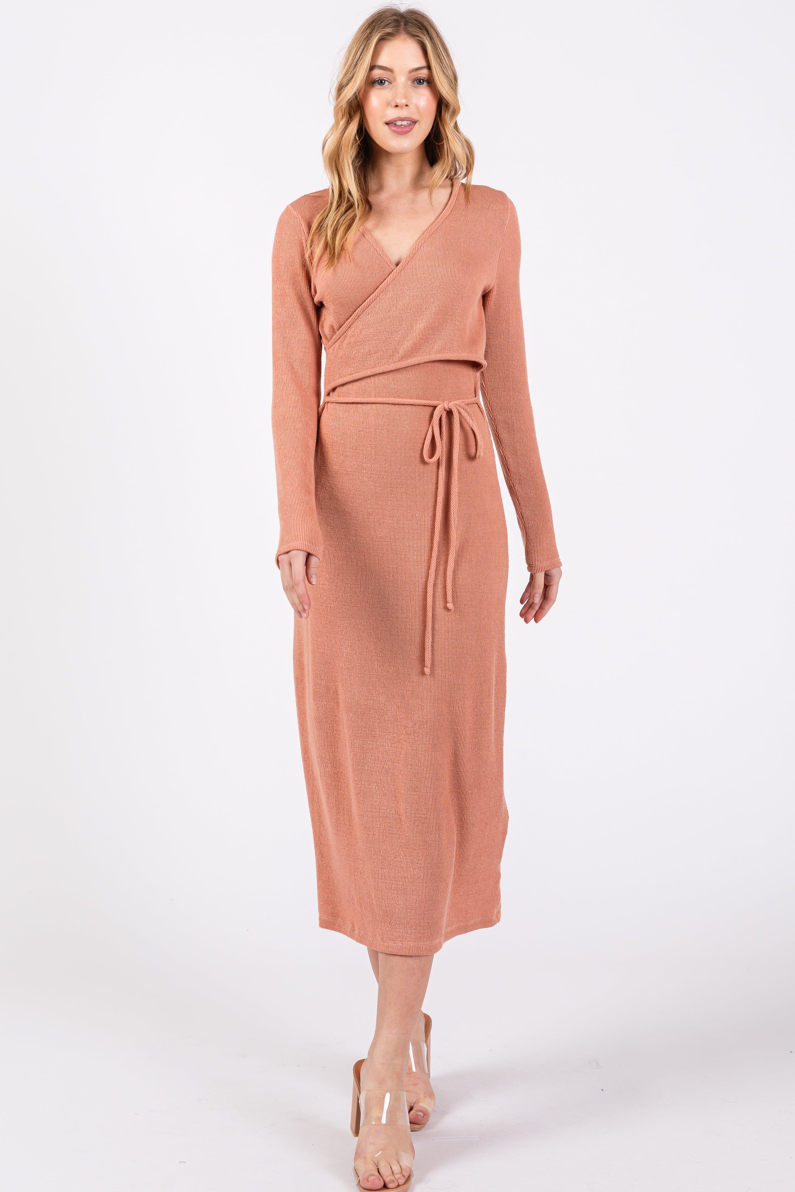 Rust Ribbed Long Sleeve Wrap Nursing Dress sold by Pinkblush