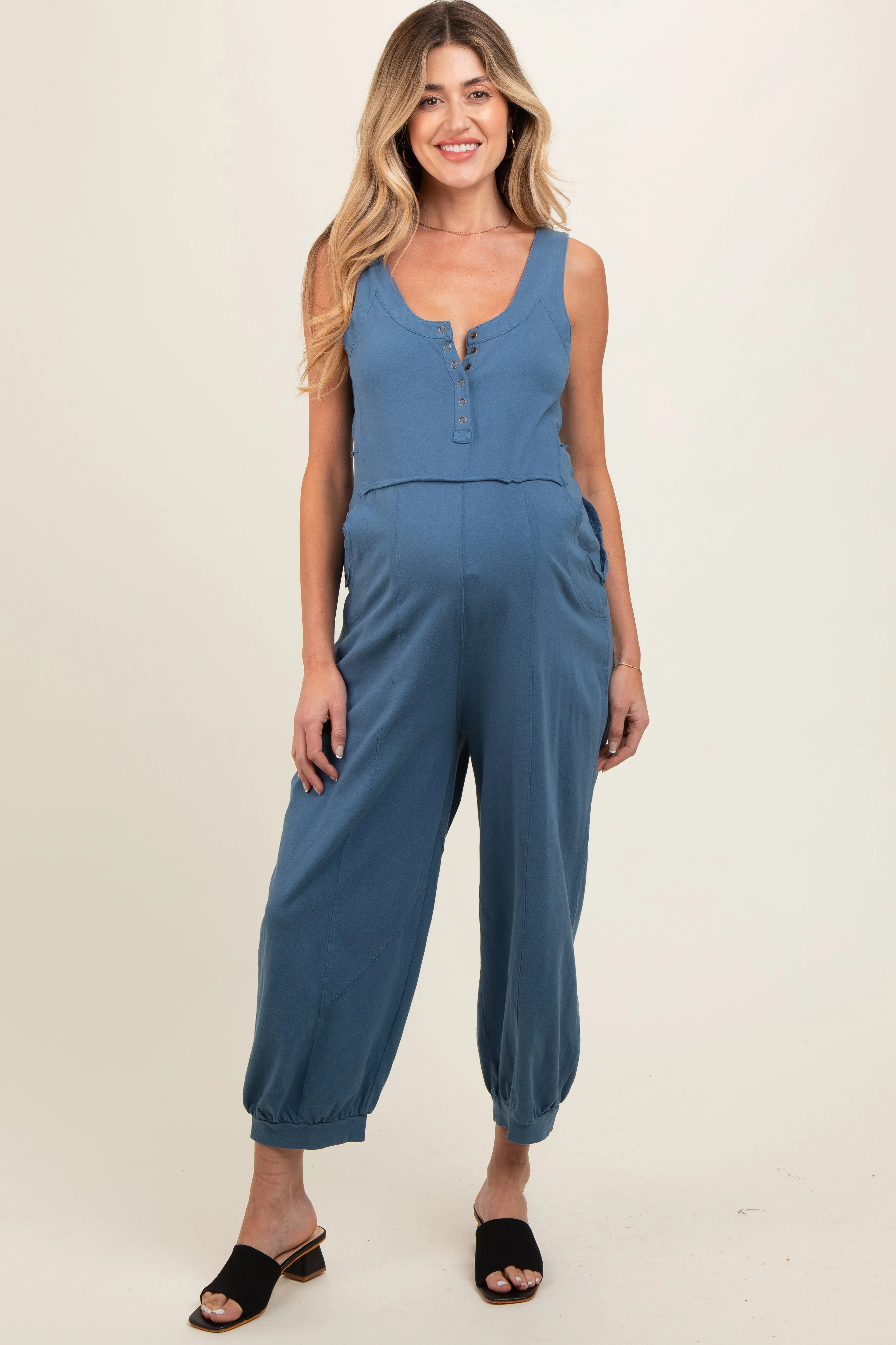 Blue Loose Fit Sleeveless Maternity Jumpsuit sold by Pinkblush