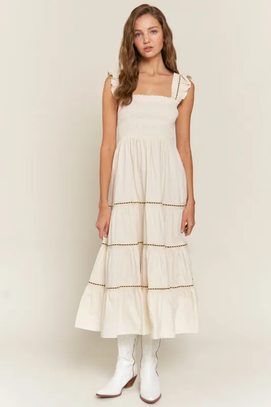 Ivory Smocked Tiered Maxi Dress sold by Pinkblush