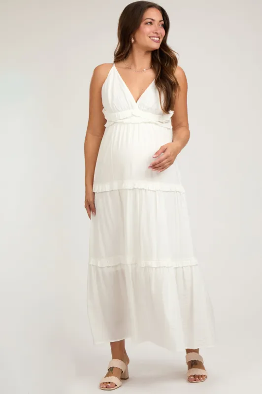 Cream Striped Ruffle Tiered Maternity Maxi Dress sold by Pinkblush