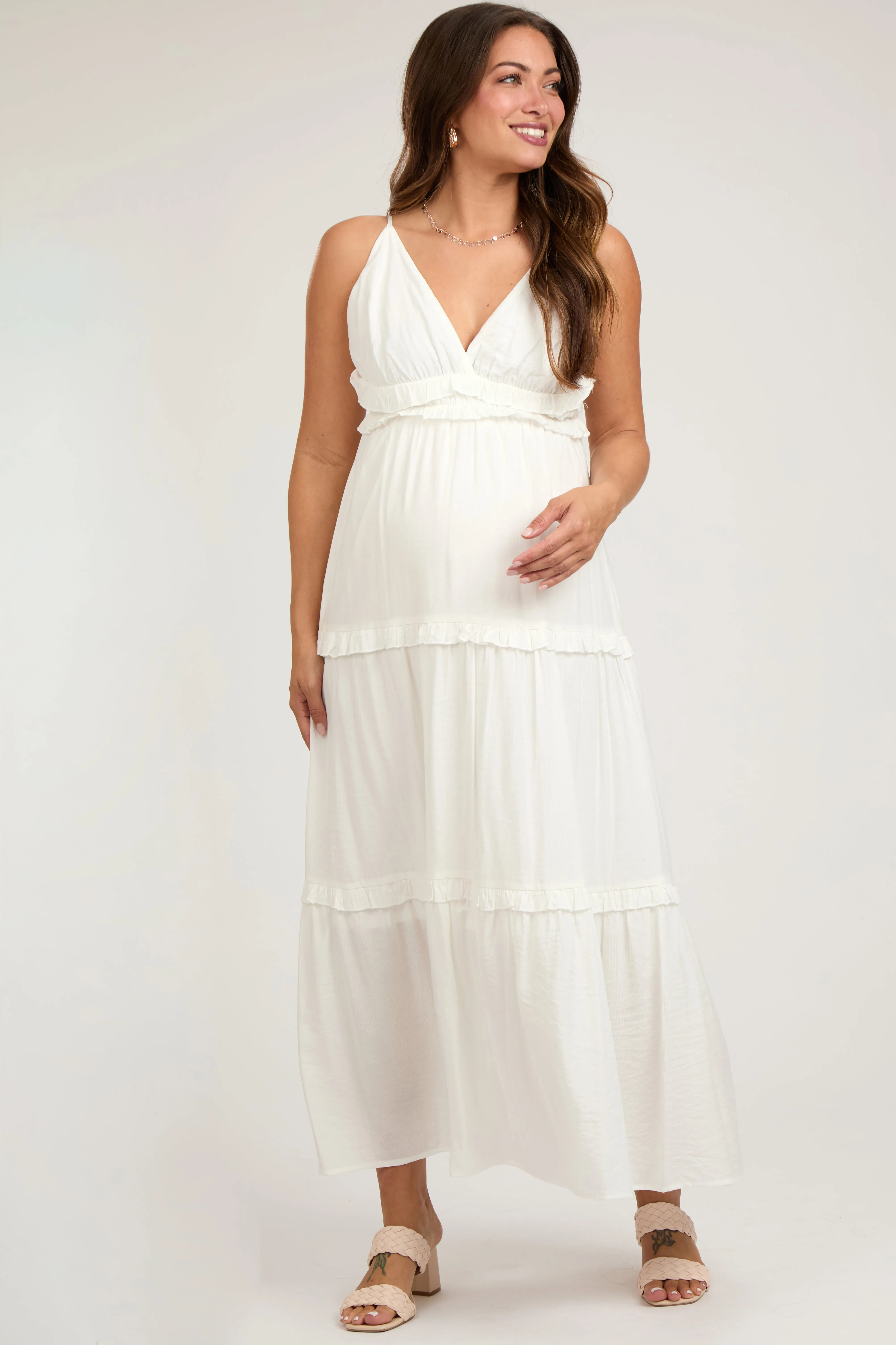 Cream Striped Ruffle Tiered Maternity Maxi Dress sold by Pinkblush