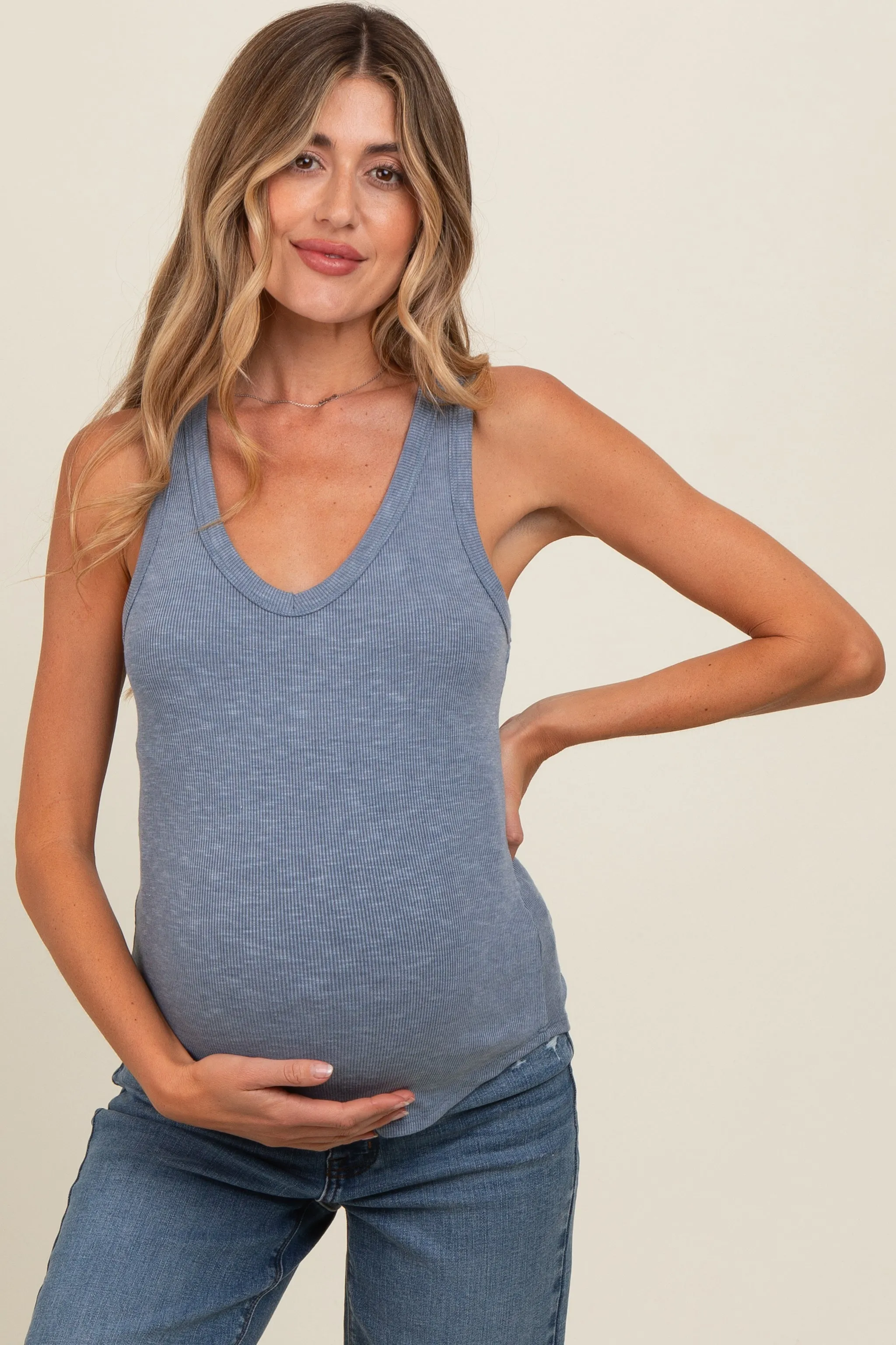 Blue V-Neck Ribbed Maternity Tank Top sold by Pinkblush