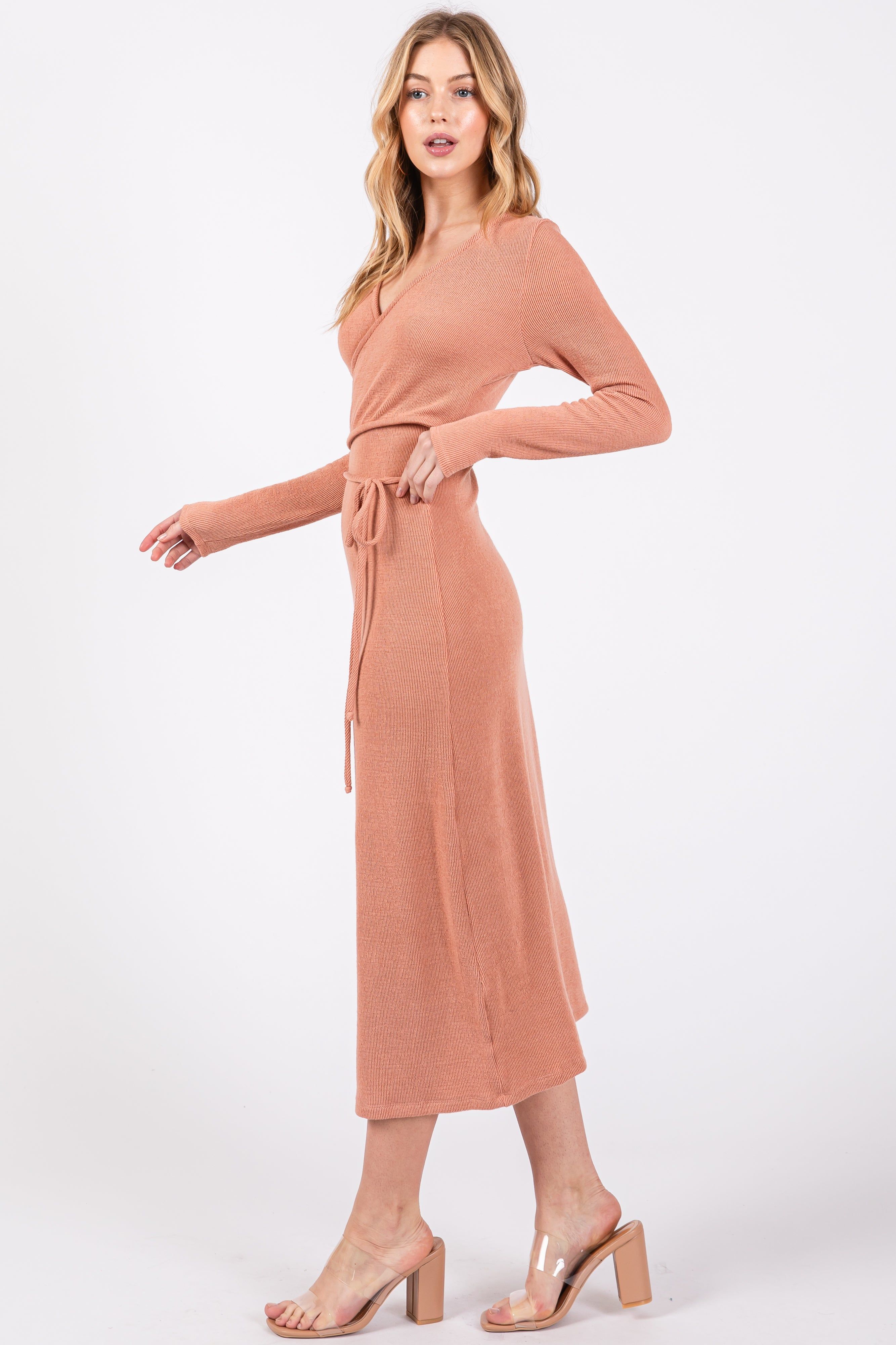 Rust Ribbed Long Sleeve Wrap Nursing Dress sold by Pinkblush product image thumbnail 2