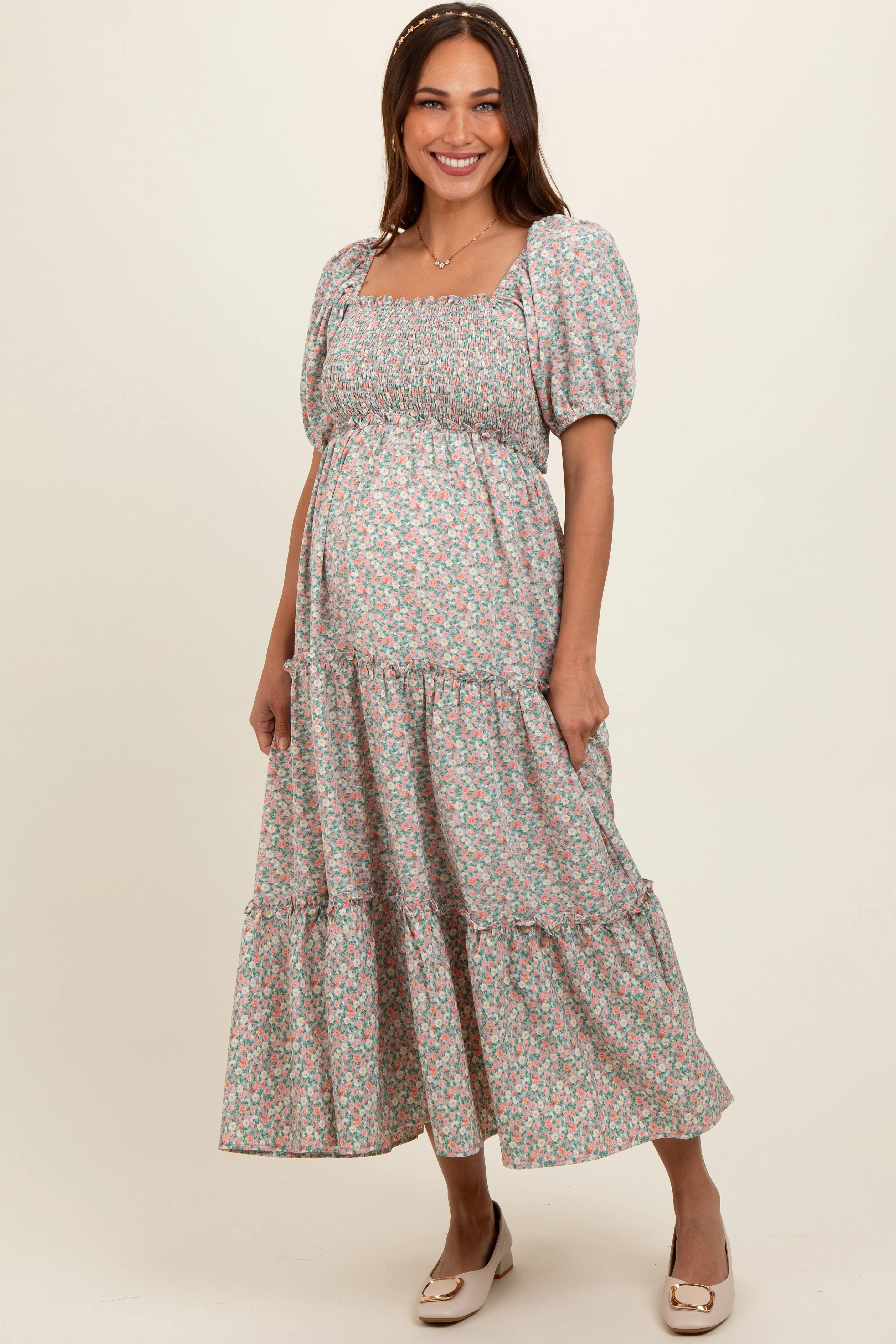 Mint Floral Smocked Tiered Puff Sleeve Maternity Maxi Dress sold by Pinkblush product image thumbnail 2