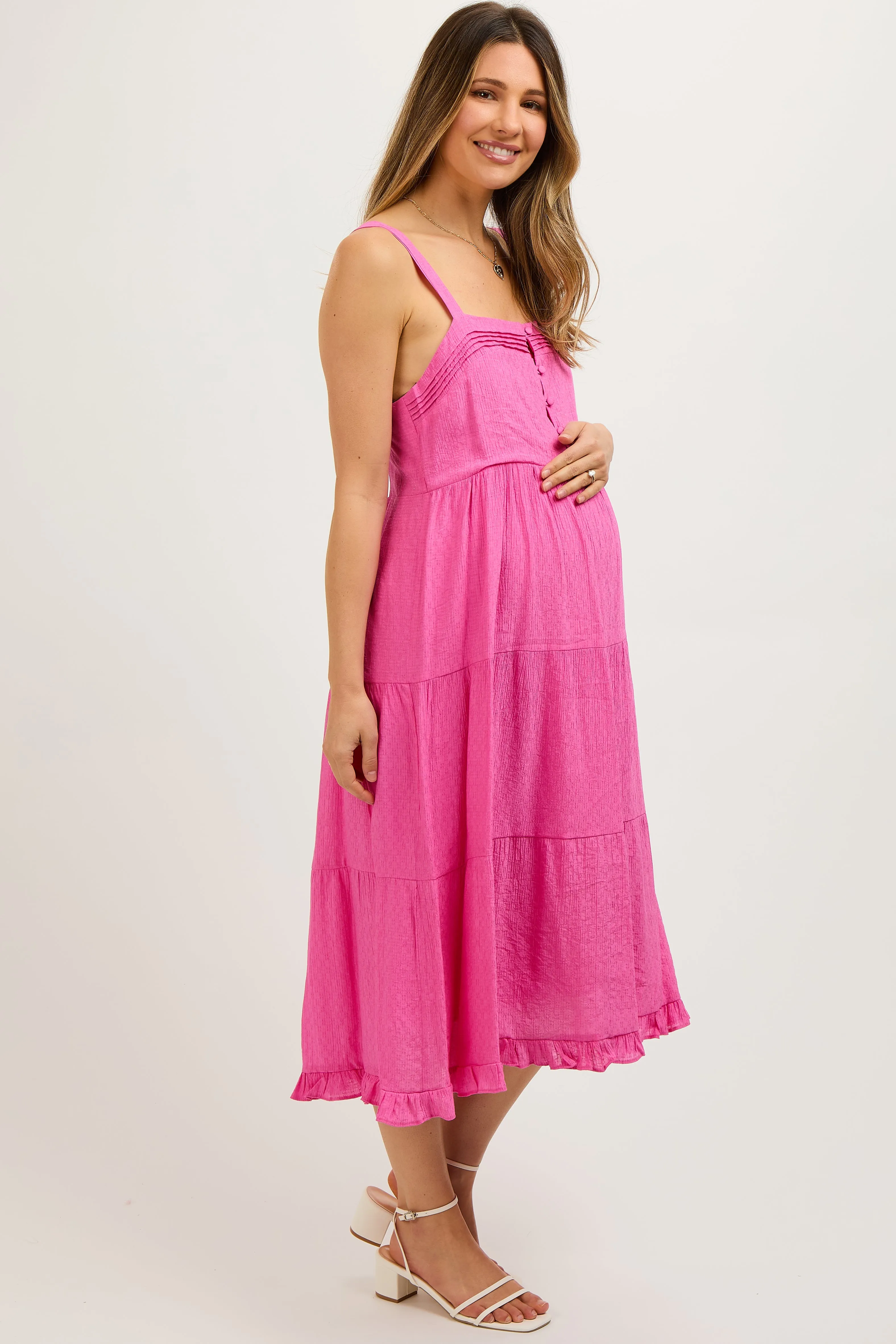 Fuchsia Sleeveless Button Tiered Maternity Midi Dress sold by Pinkblush product image thumbnail 3