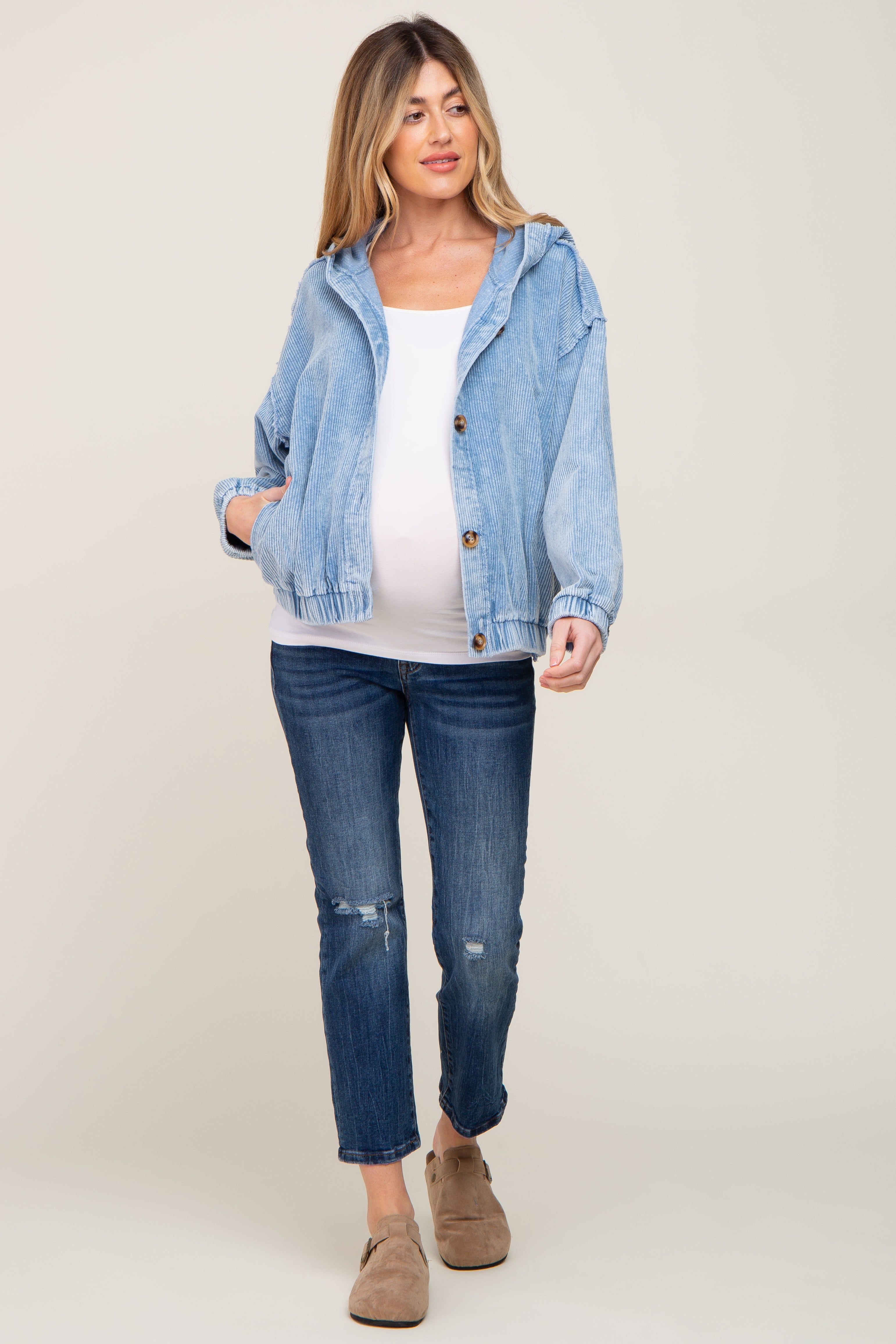 Blue Corduroy Button Up Hooded Maternity Jacket sold by Pinkblush product image thumbnail 4
