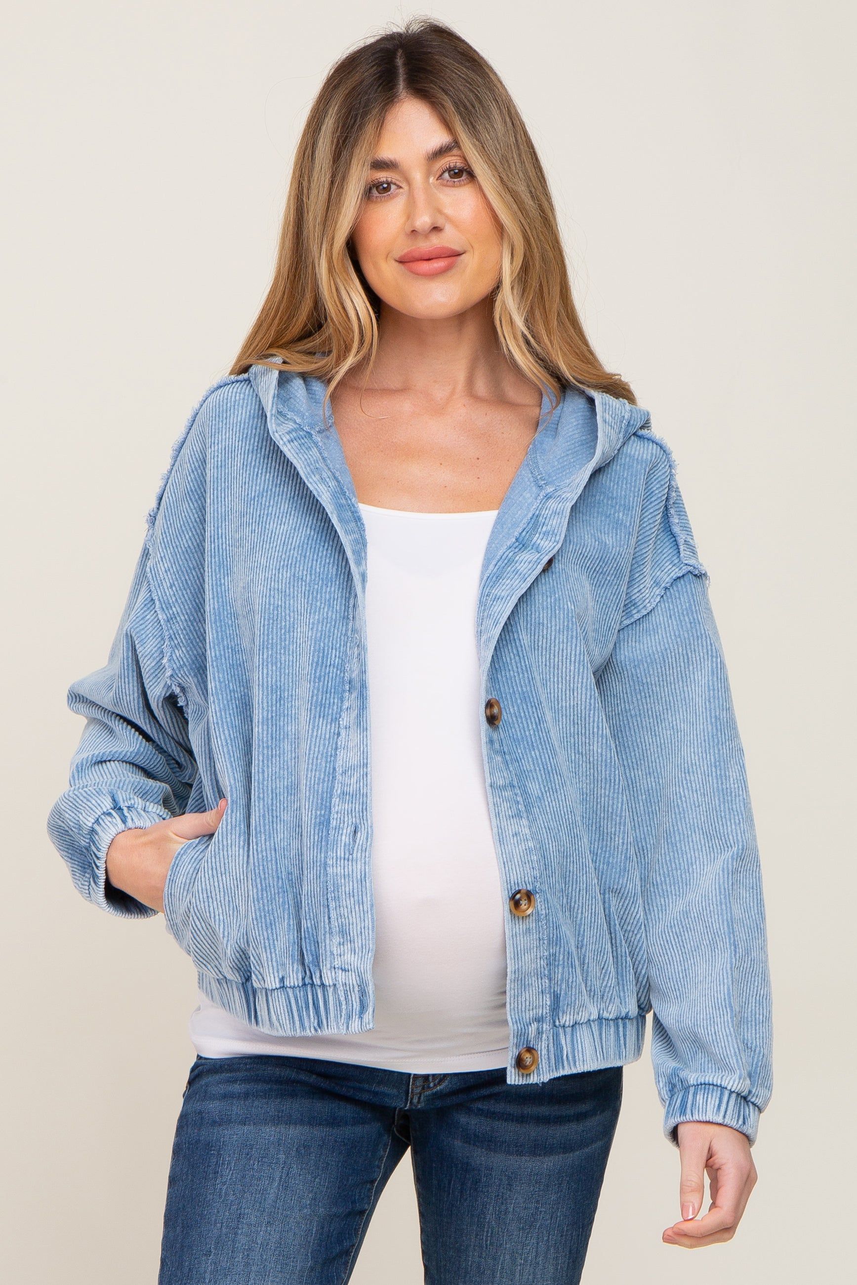 Blue Corduroy Button Up Hooded Maternity Jacket sold by Pinkblush