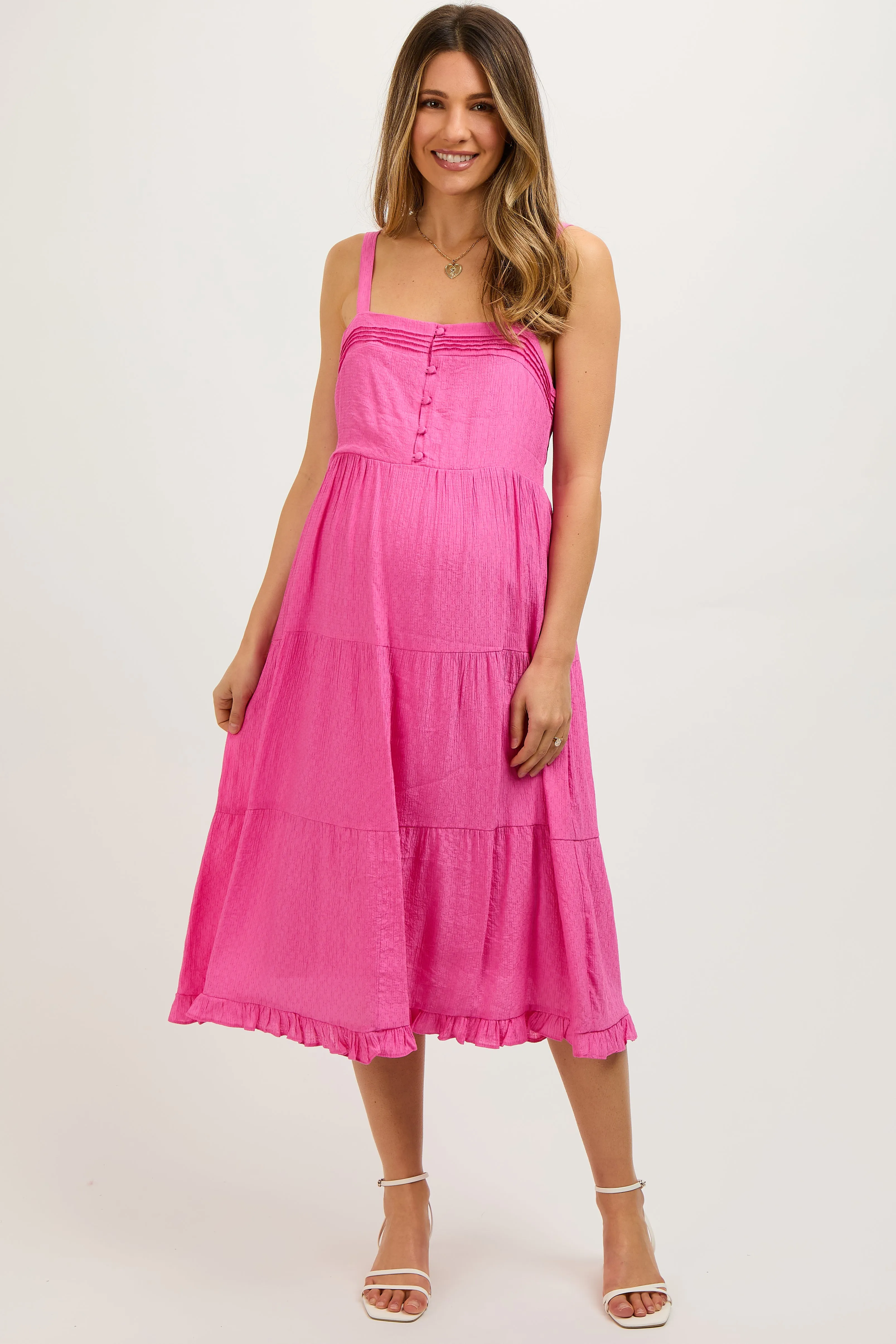 Fuchsia Sleeveless Button Tiered Maternity Midi Dress sold by Pinkblush