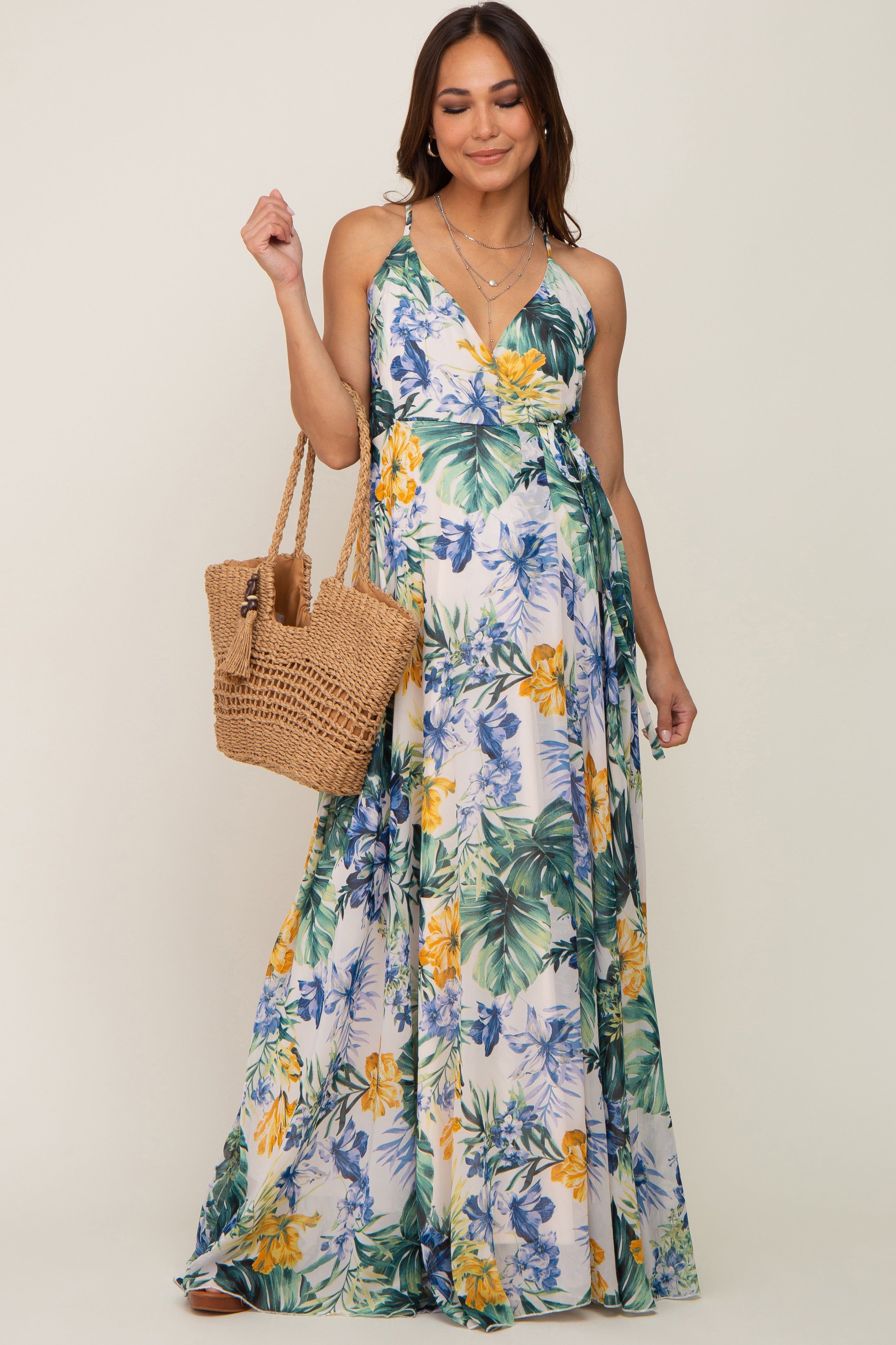 Cream Tropical Floral Chiffon Wrap Front Maternity Maxi Dress sold by Pinkblush