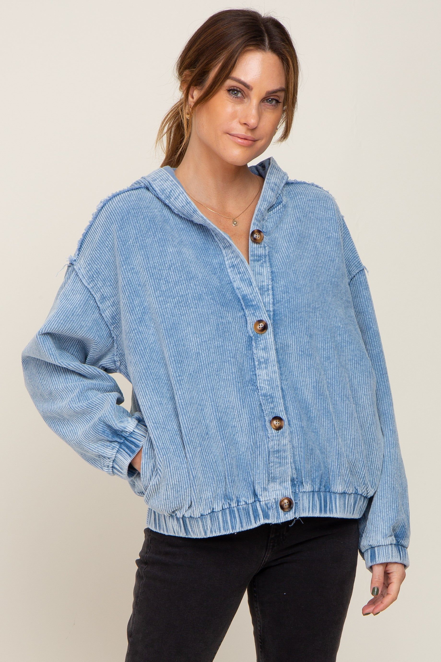 Blue Corduroy Button Up Hooded Maternity Jacket sold by Pinkblush product image thumbnail 5