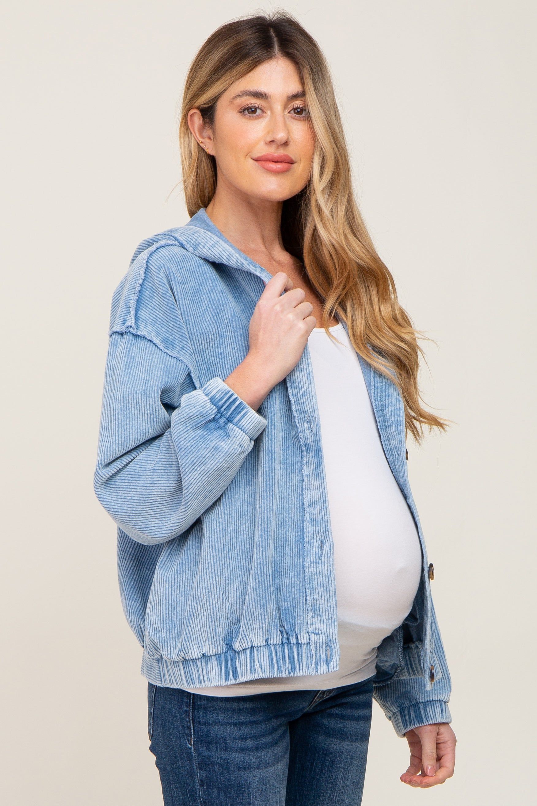 Blue Corduroy Button Up Hooded Maternity Jacket sold by Pinkblush product image thumbnail 2