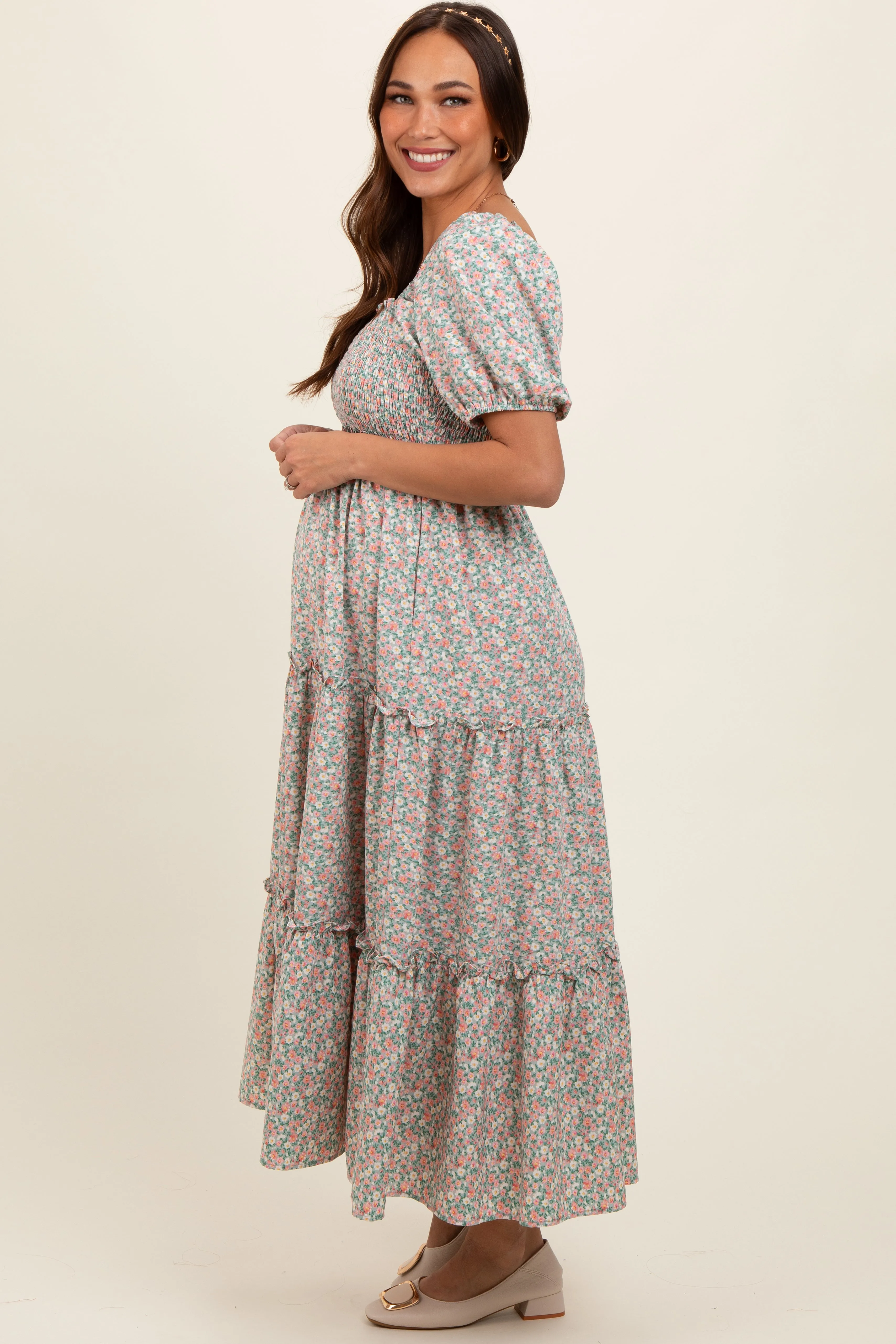 Mint Floral Smocked Tiered Puff Sleeve Maternity Maxi Dress sold by Pinkblush product image thumbnail 4