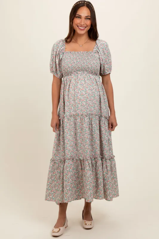 Mint Floral Smocked Tiered Puff Sleeve Maternity Maxi Dress sold by Pinkblush