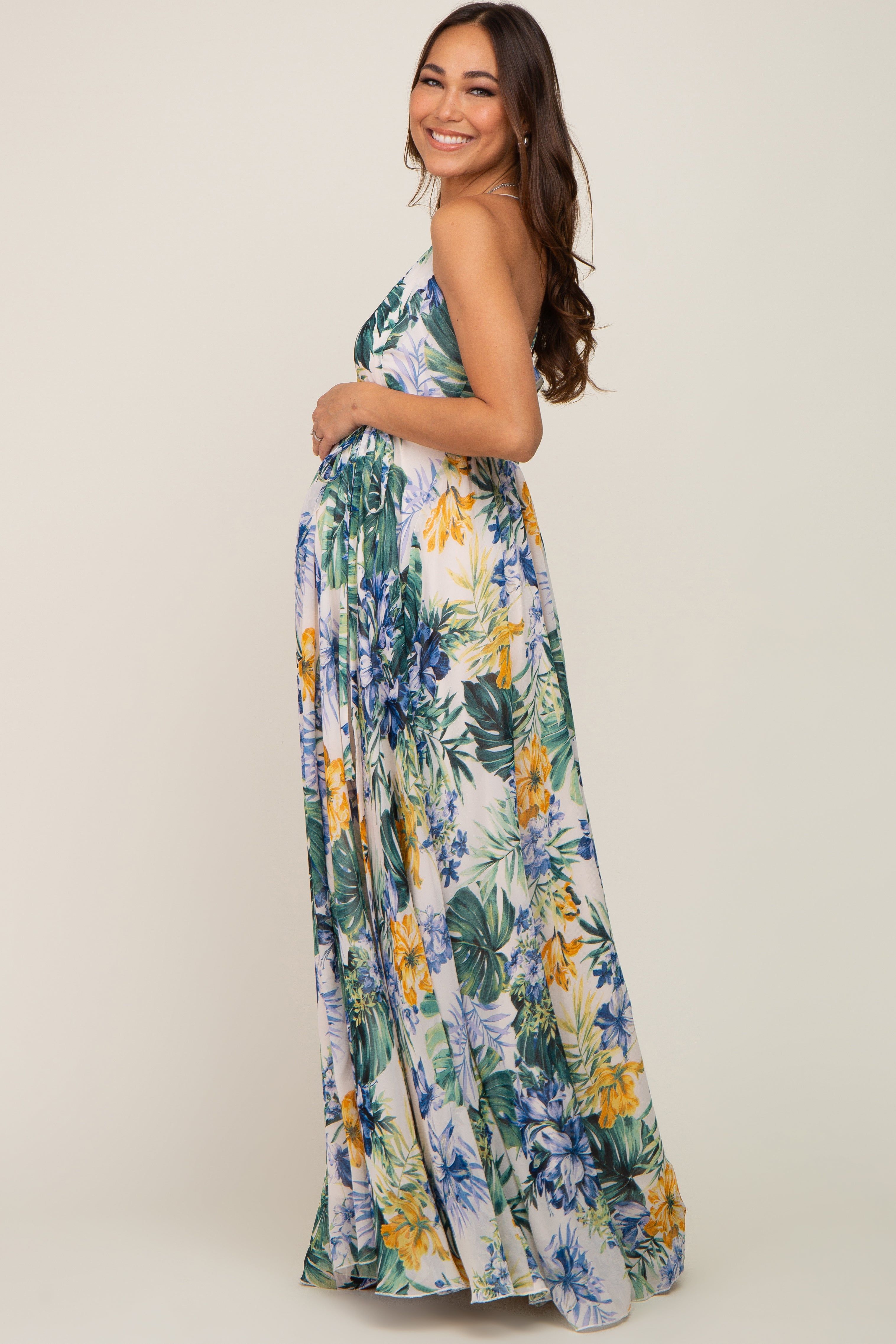 Cream Tropical Floral Chiffon Wrap Front Maternity Maxi Dress sold by Pinkblush product image thumbnail 2