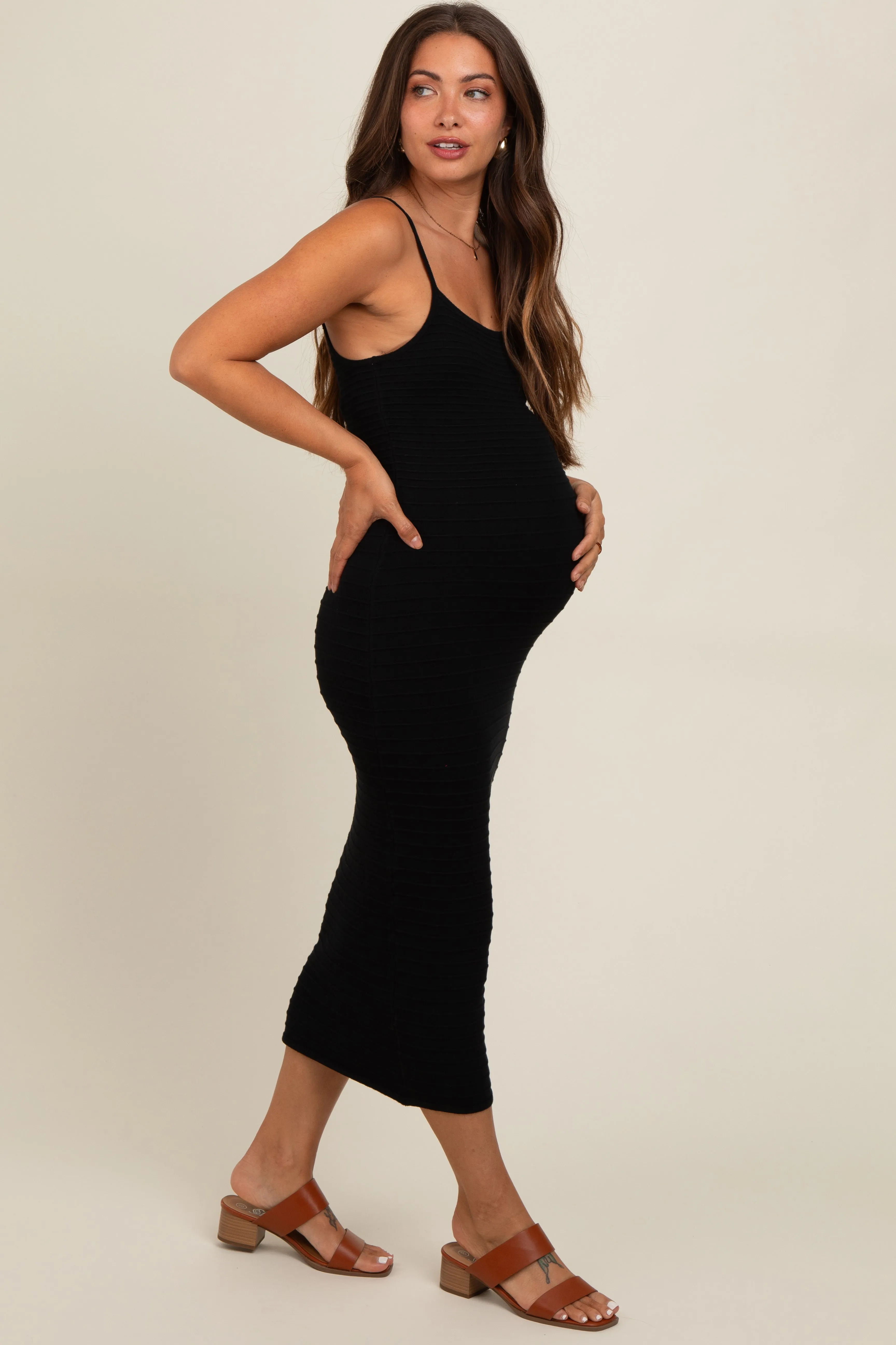 Black Fitted Spaghetti Strap Maternity Midi Dress sold by Pinkblush product image thumbnail 2