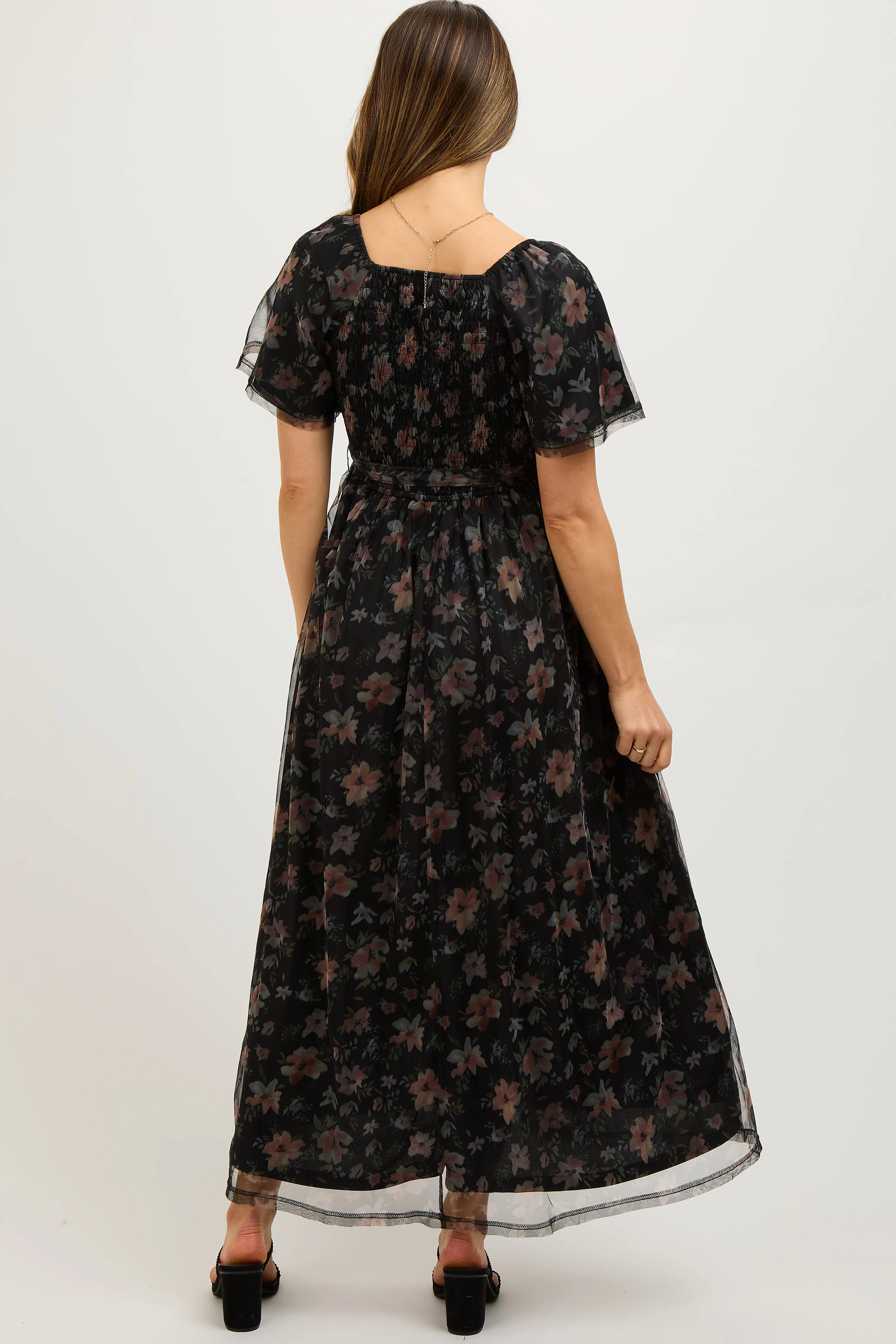 Black Floral Waist Tie Maternity Midi Dress sold by Pinkblush product image thumbnail 4