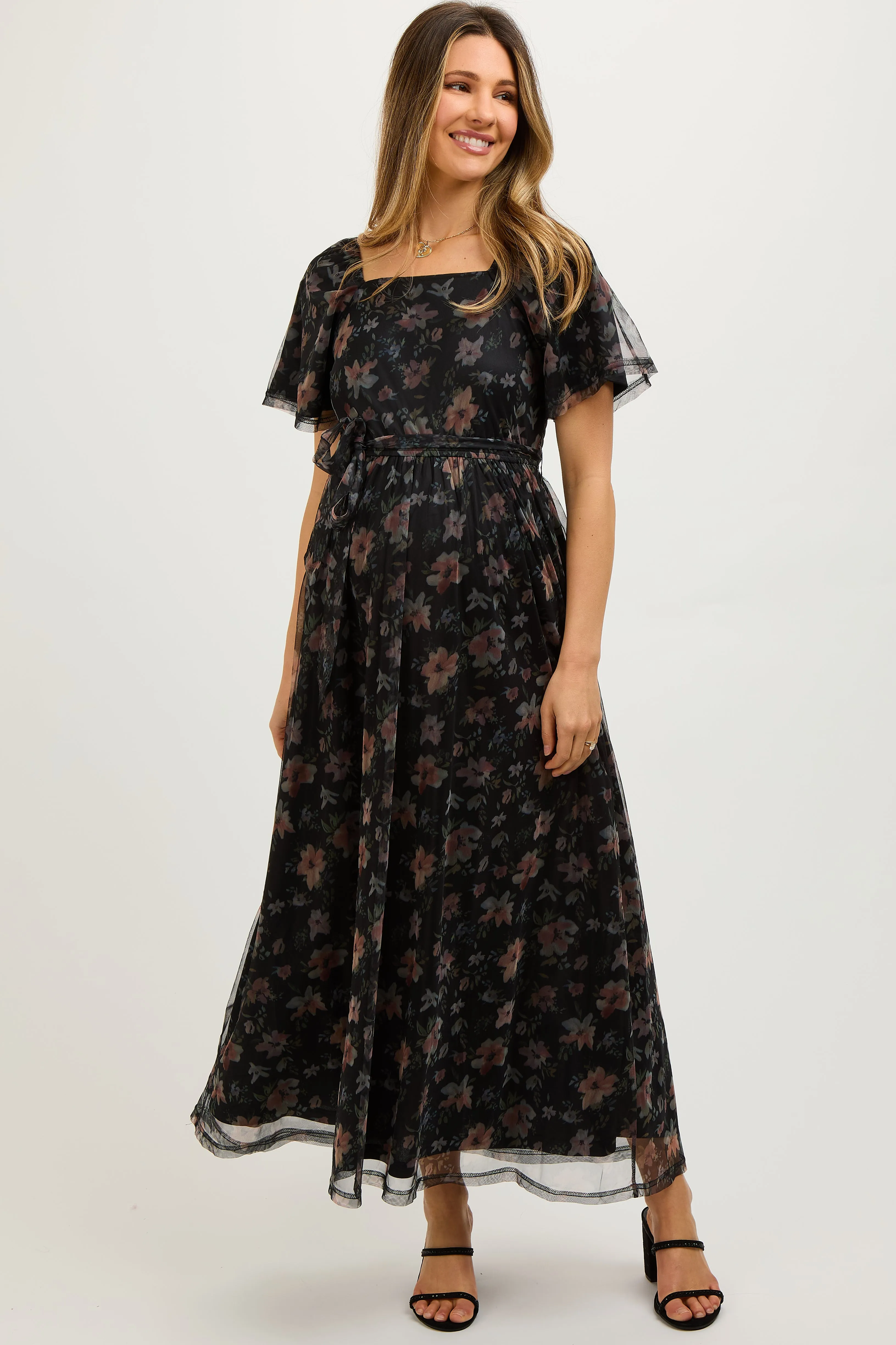 Black Floral Waist Tie Maternity Midi Dress sold by Pinkblush