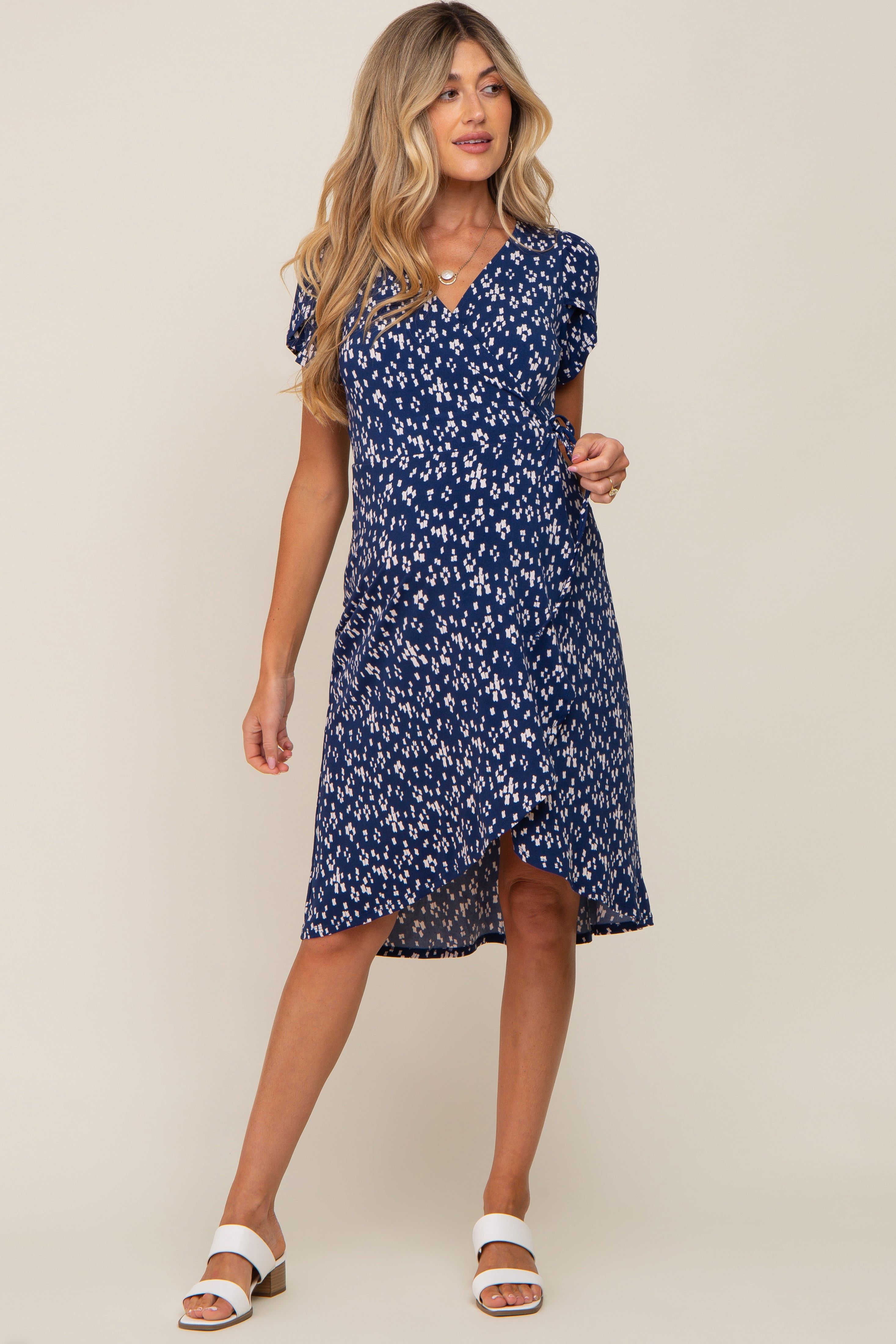 Navy Blue Printed V-Neck Wrap Maternity Dress sold by Pinkblush