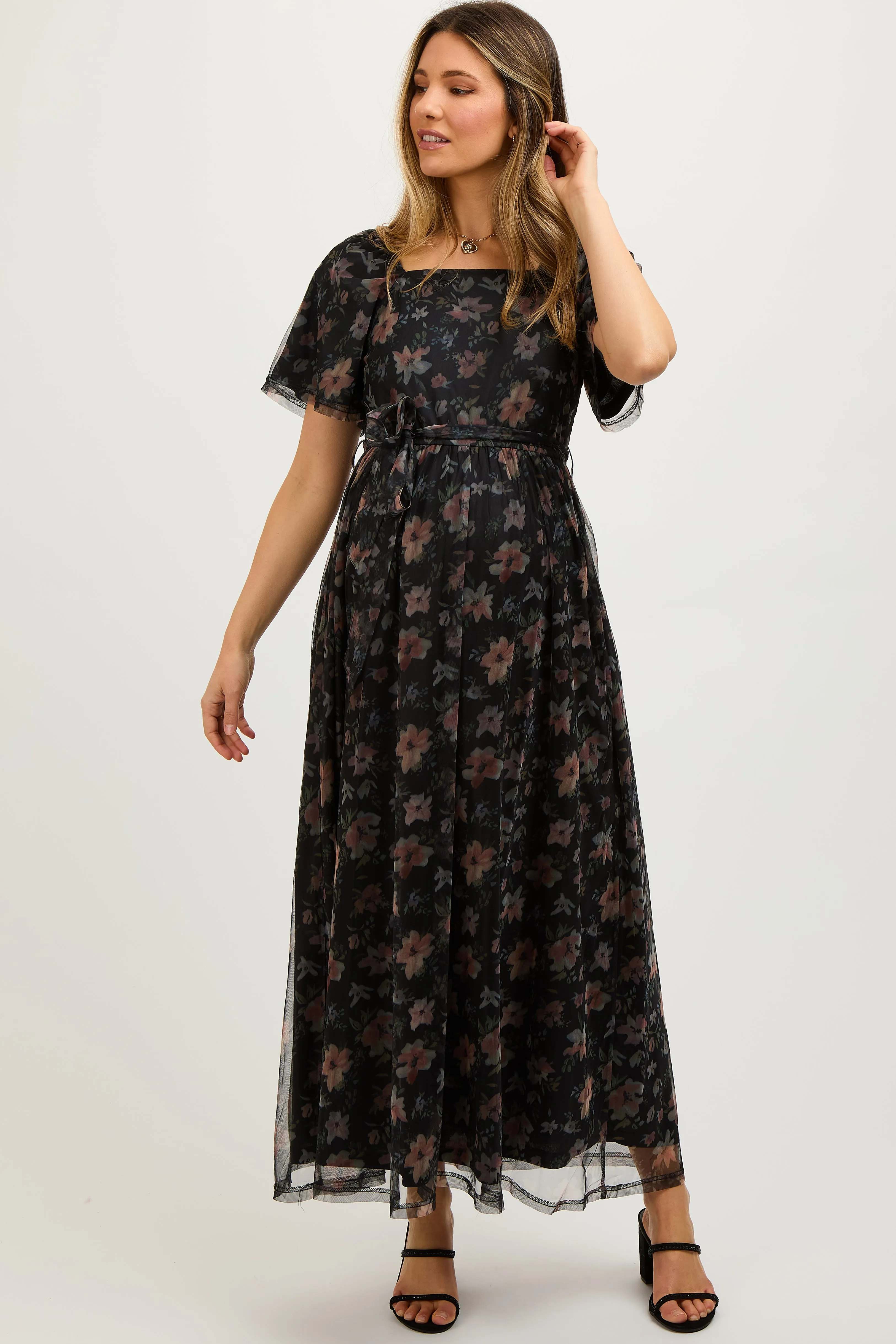 Black Floral Waist Tie Maternity Midi Dress sold by Pinkblush product image thumbnail 2