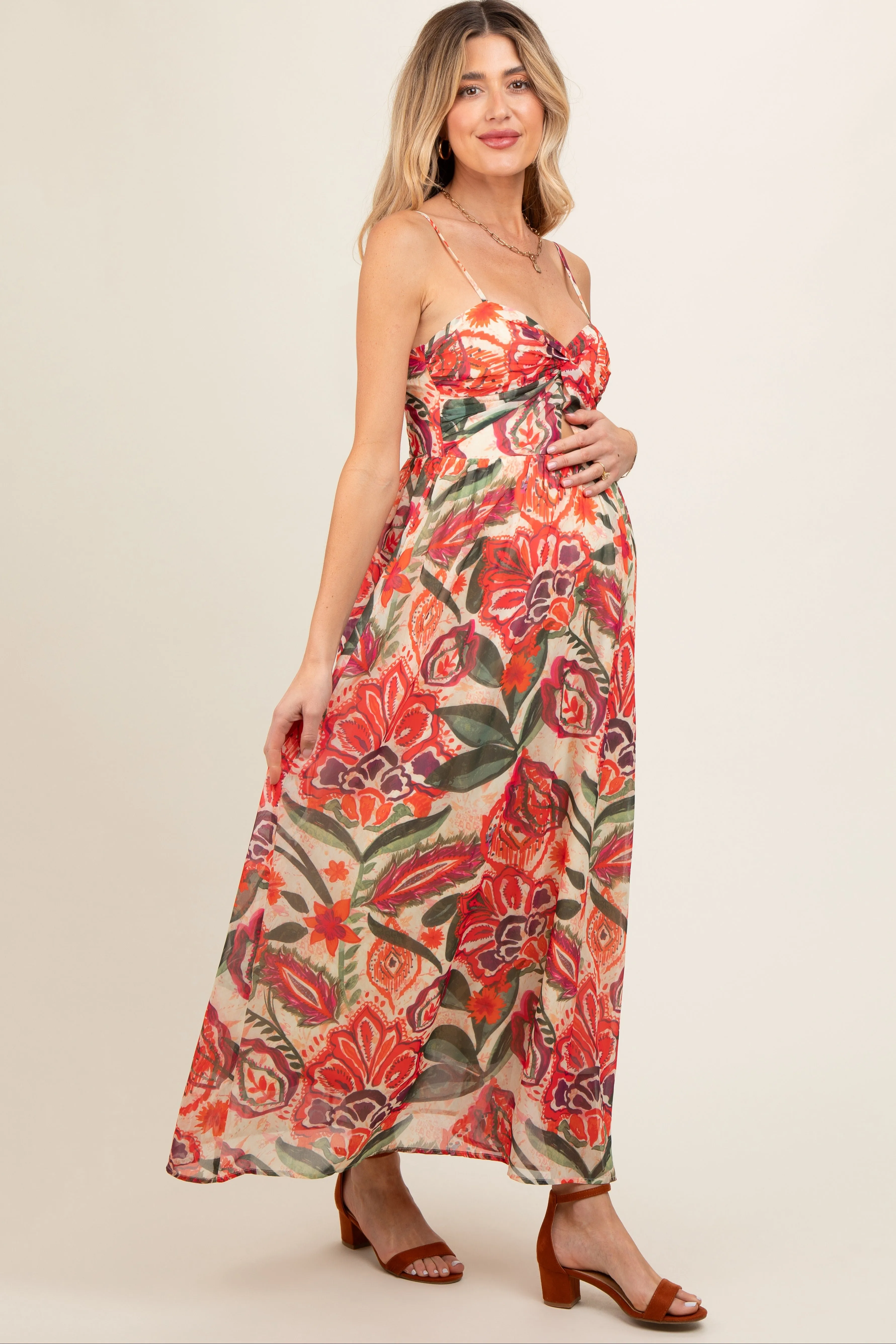 Cream Floral Sleeveless Front Cutout Maternity Midi Dress sold by Pinkblush product image thumbnail 4