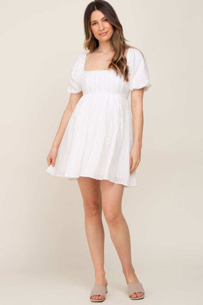 Ivory Striped Pleated Puff Sleeve Maternity Mini Dress sold by Pinkblush product image thumbnail 4