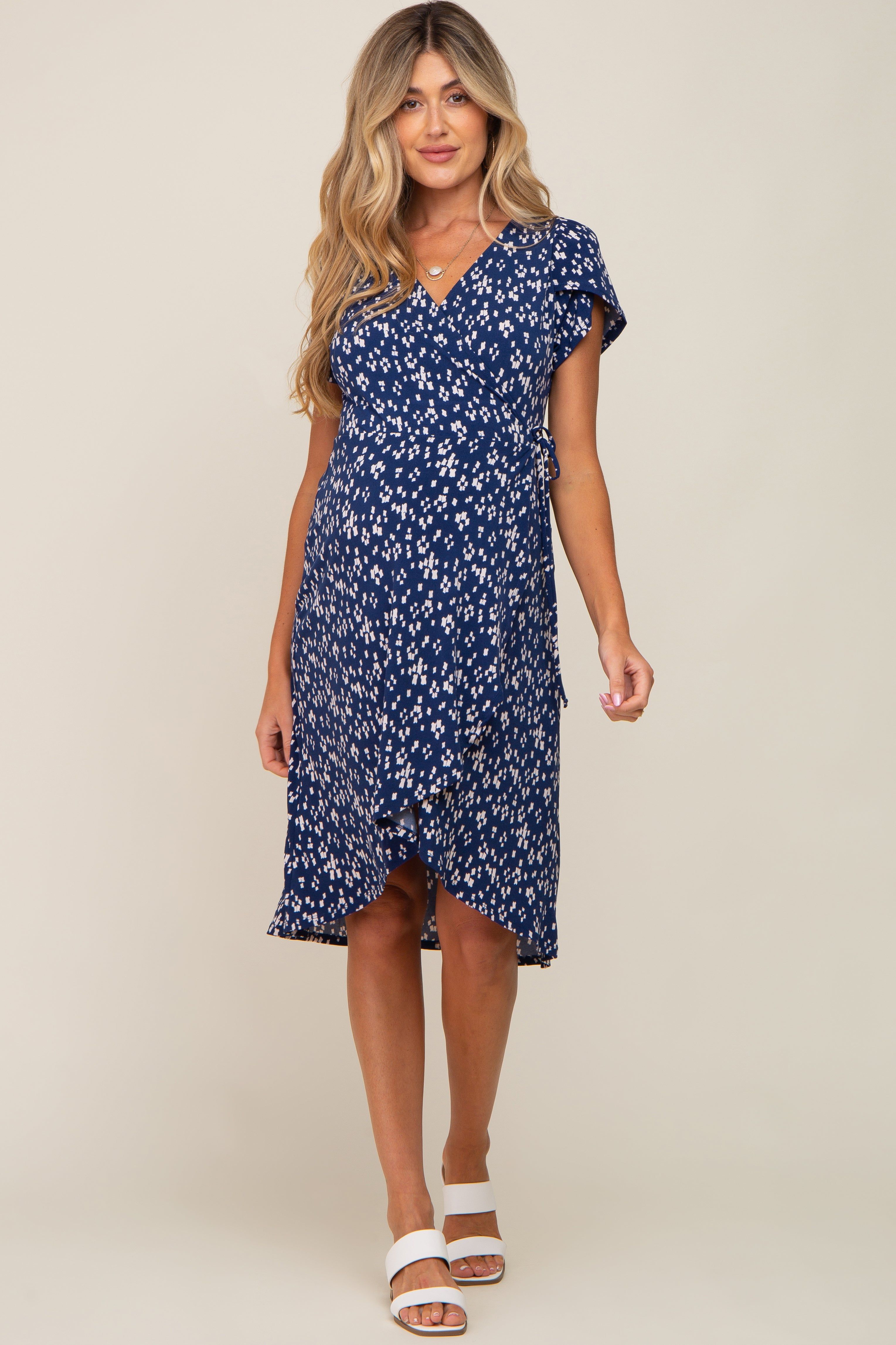 Navy Blue Printed V-Neck Wrap Maternity Dress sold by Pinkblush product image thumbnail 2