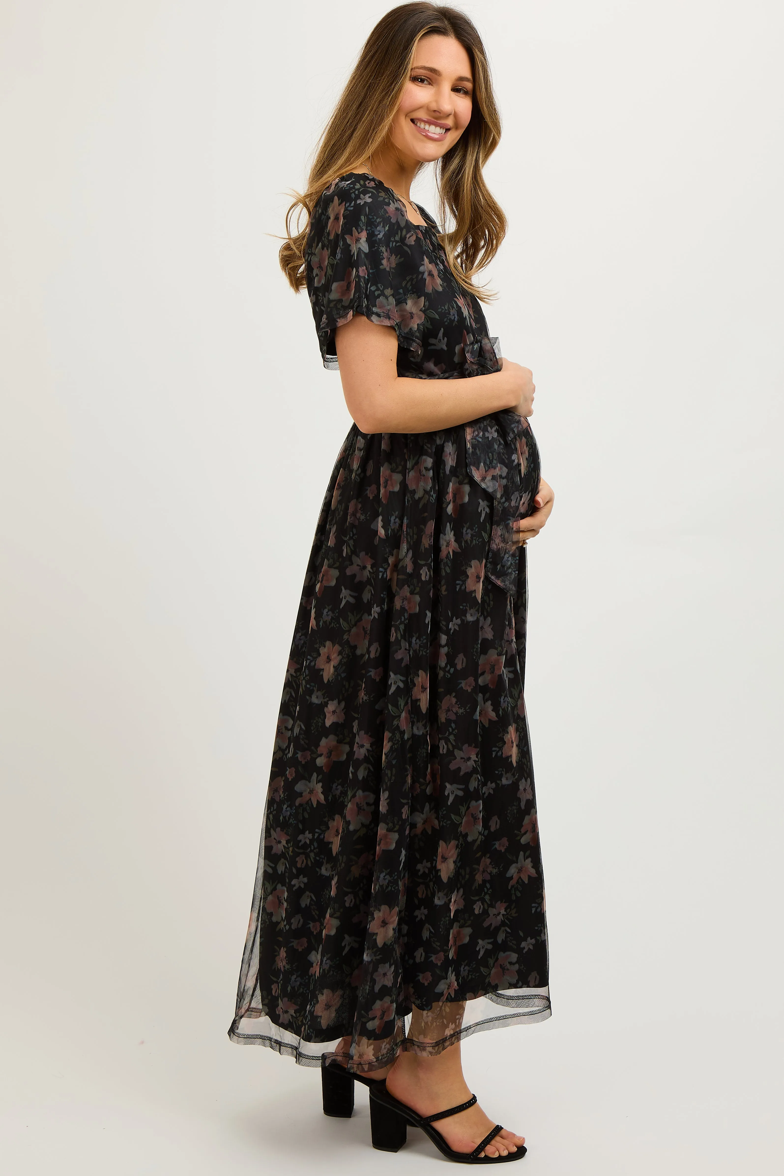 Black Floral Waist Tie Maternity Midi Dress sold by Pinkblush product image thumbnail 3