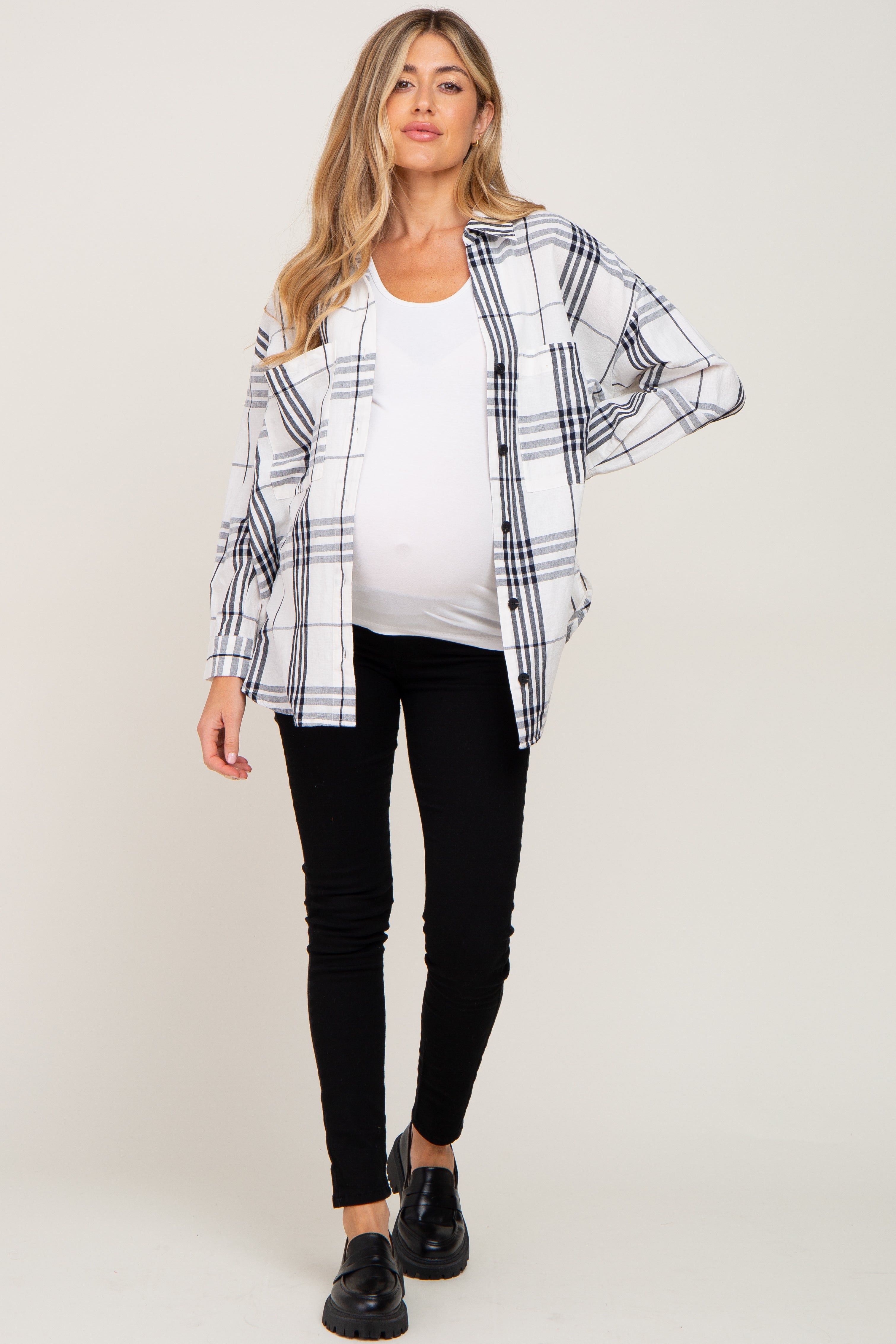 White Plaid Front Pocket Maternity Button Up Top sold by Pinkblush product image thumbnail 4